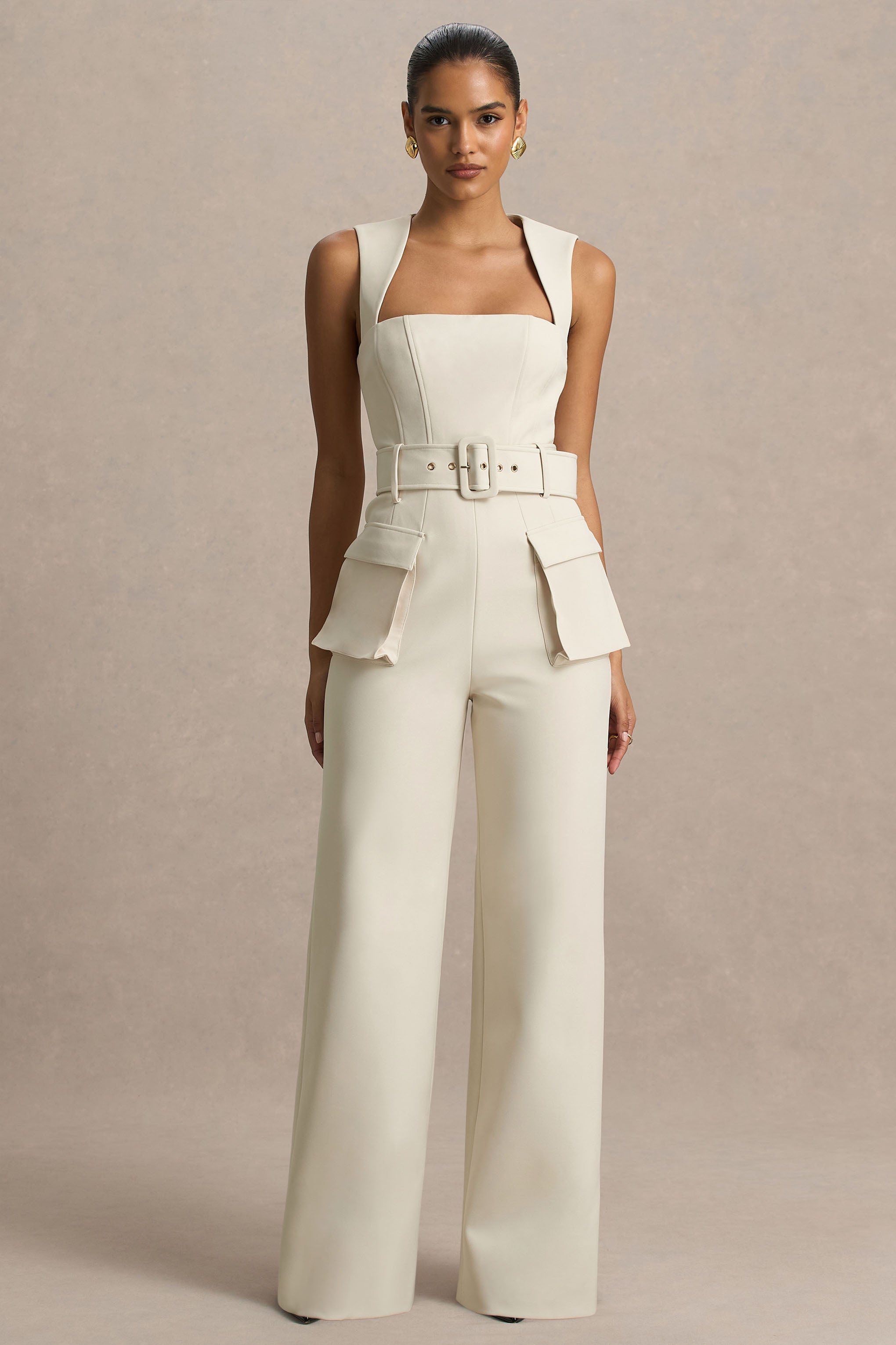 Solice | Cream Square-Neck Tailored Jumpsuit-Sowoom