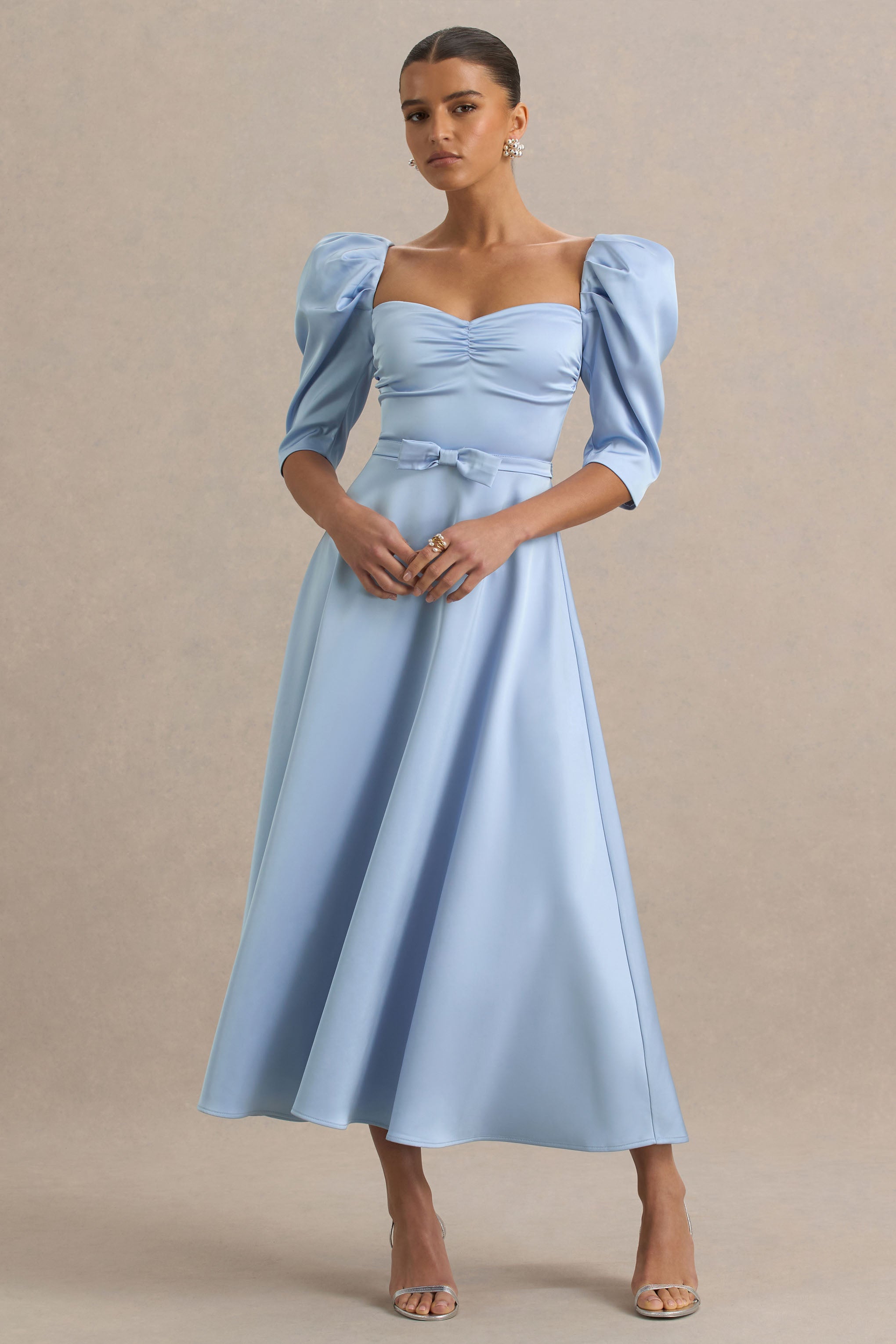 Rosey | Powder Blue Satin Sweetheart Midi Dress-Sowoom