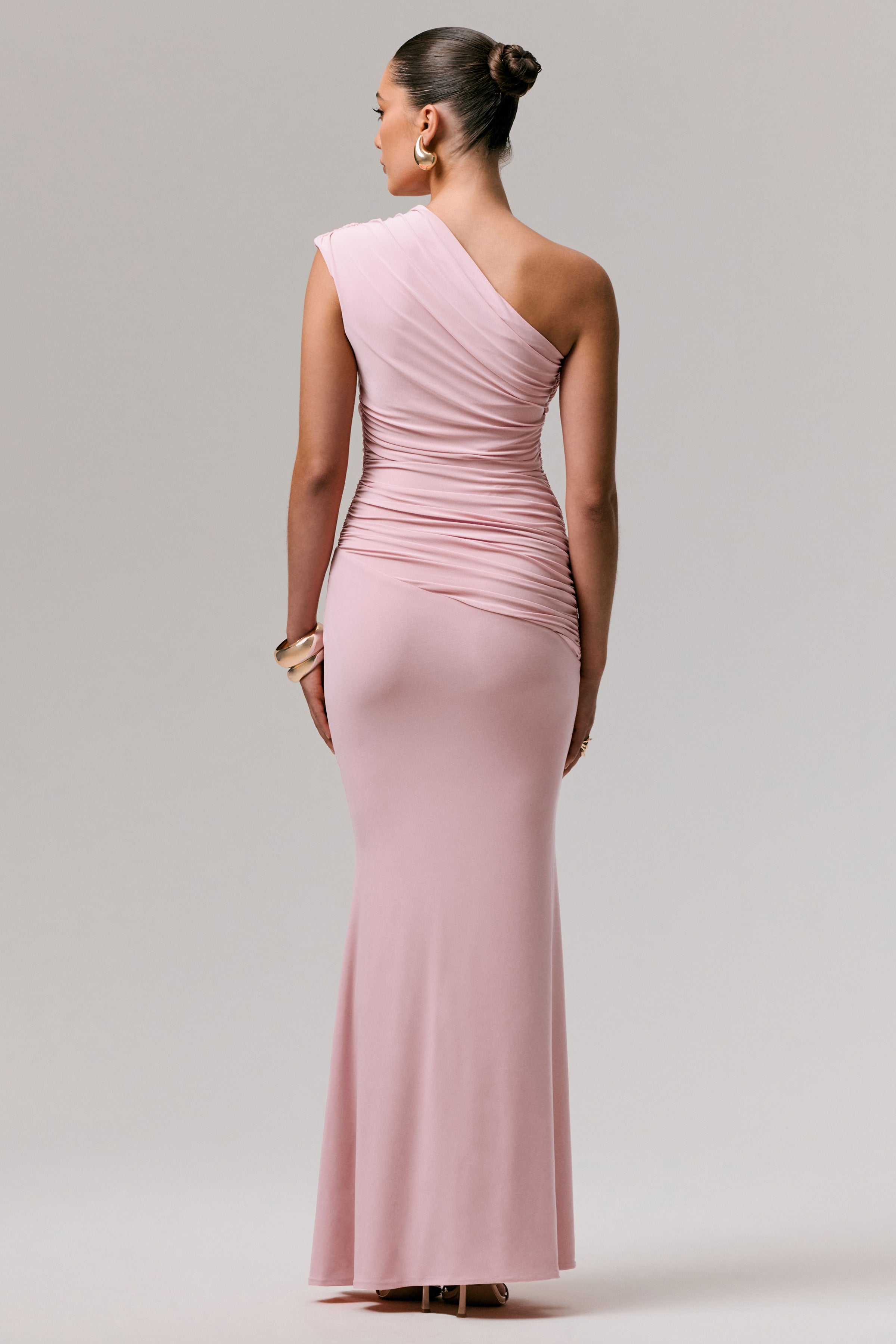 Mardi | Pink Asymmetric Maxi Dress With Ruching-Sowoom