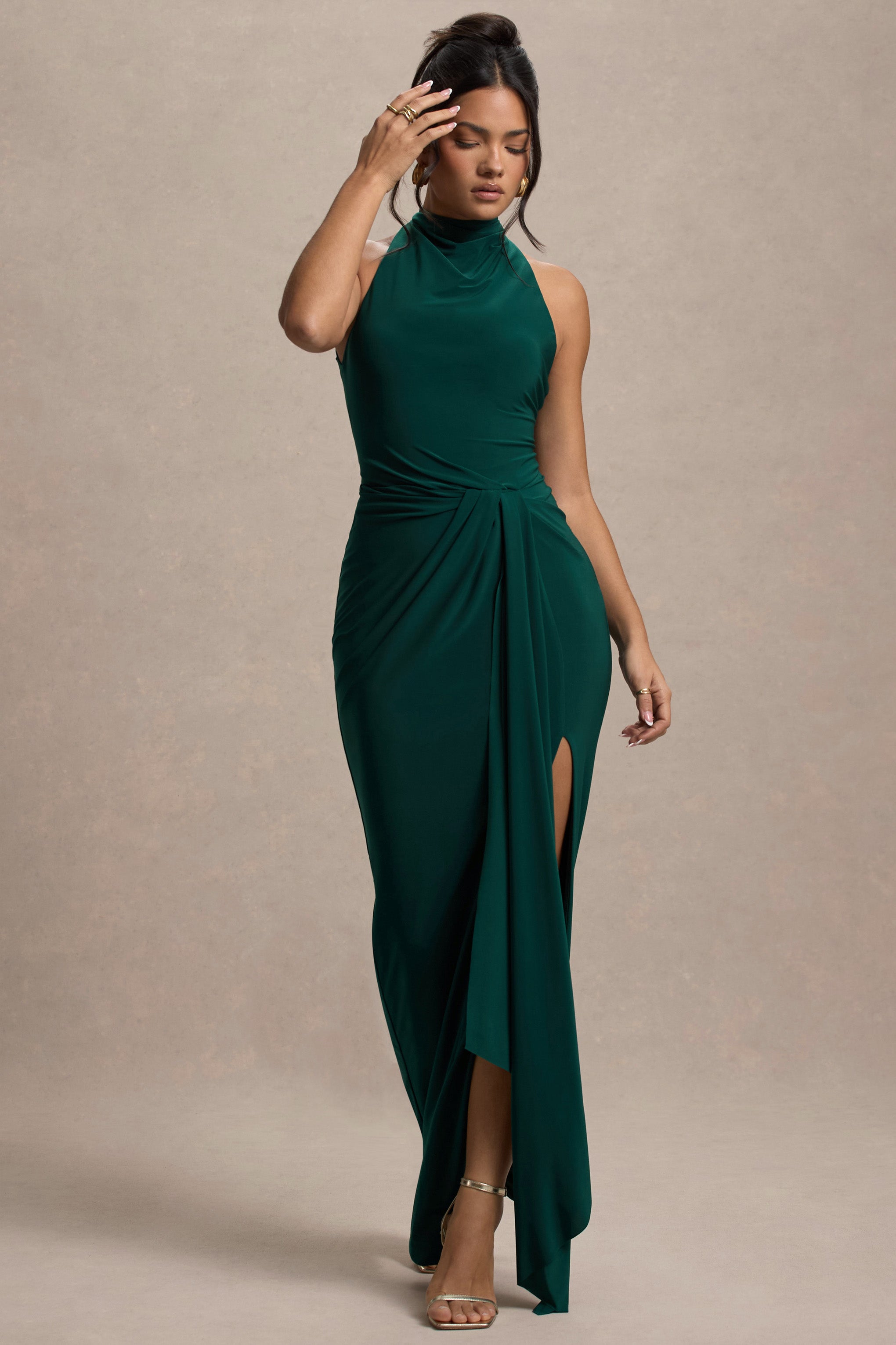 Khari | Bottle Green High-Neck Twisted Maxi Dress With Drape-Sowoom