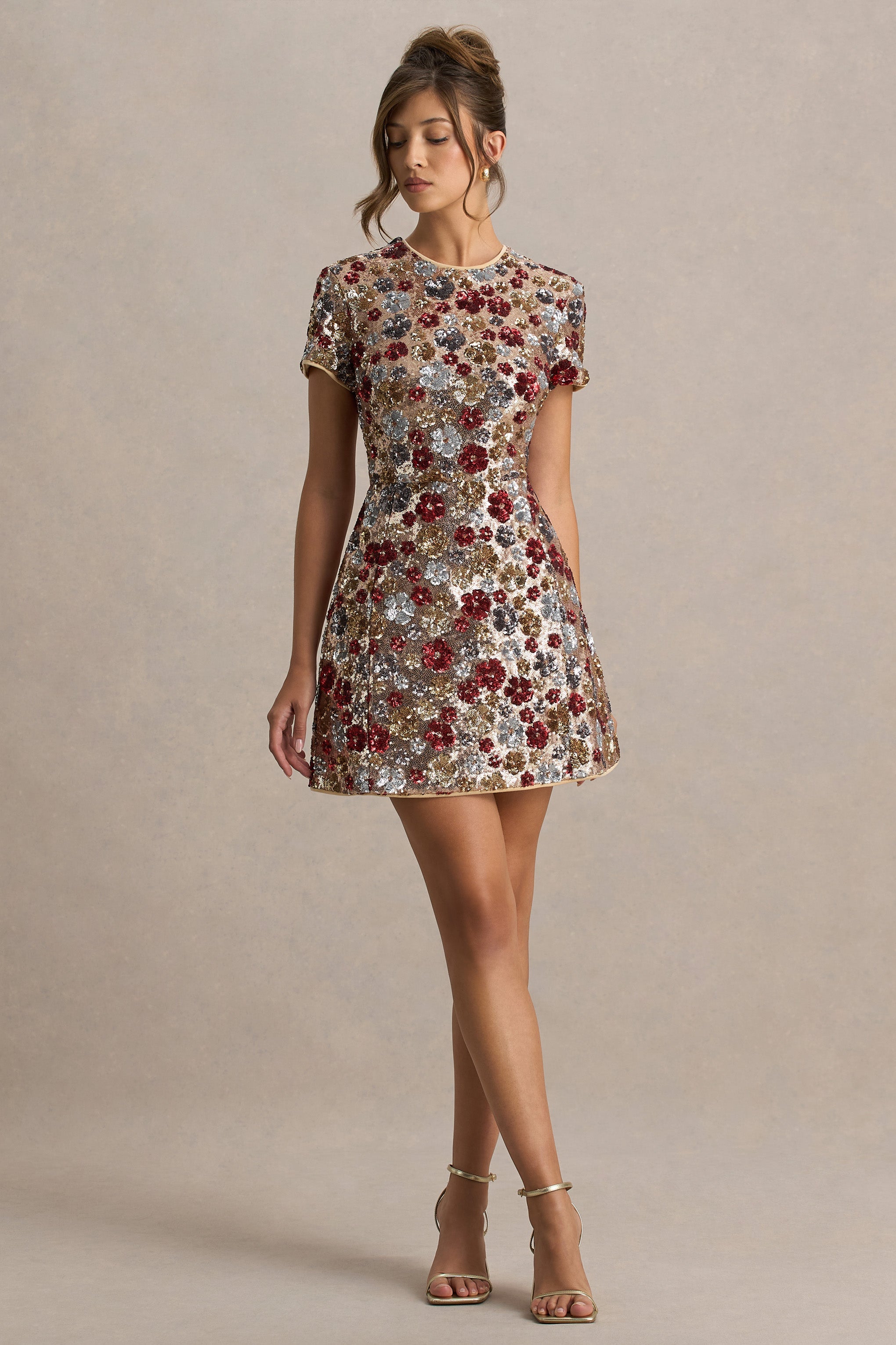 Eira | Red Floral Embellished Sequin Crew-Neck Mini Dress-Sowoom