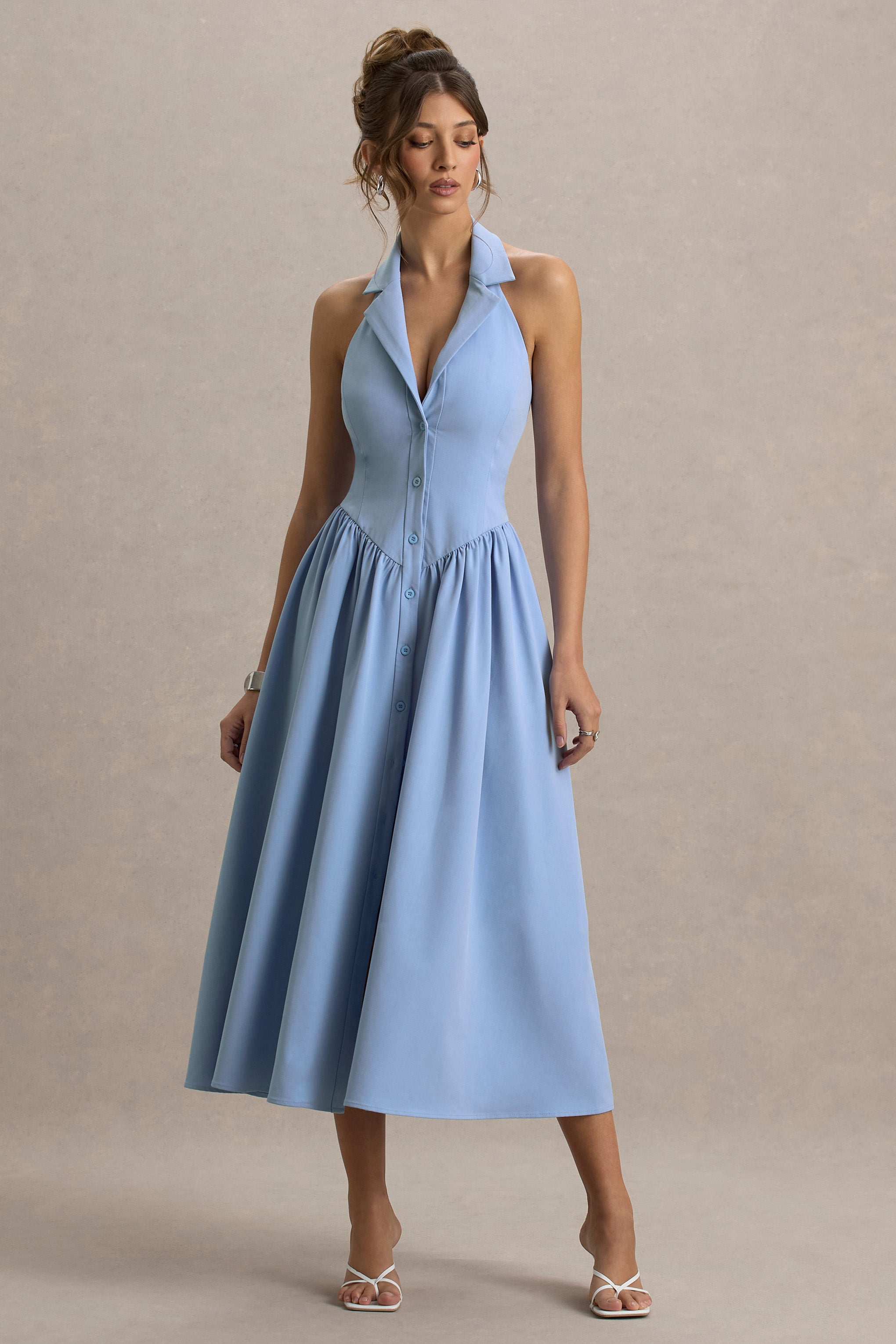 Samsara | Light Blue Plunge-Neck Collared Midi Dress-Sowoom