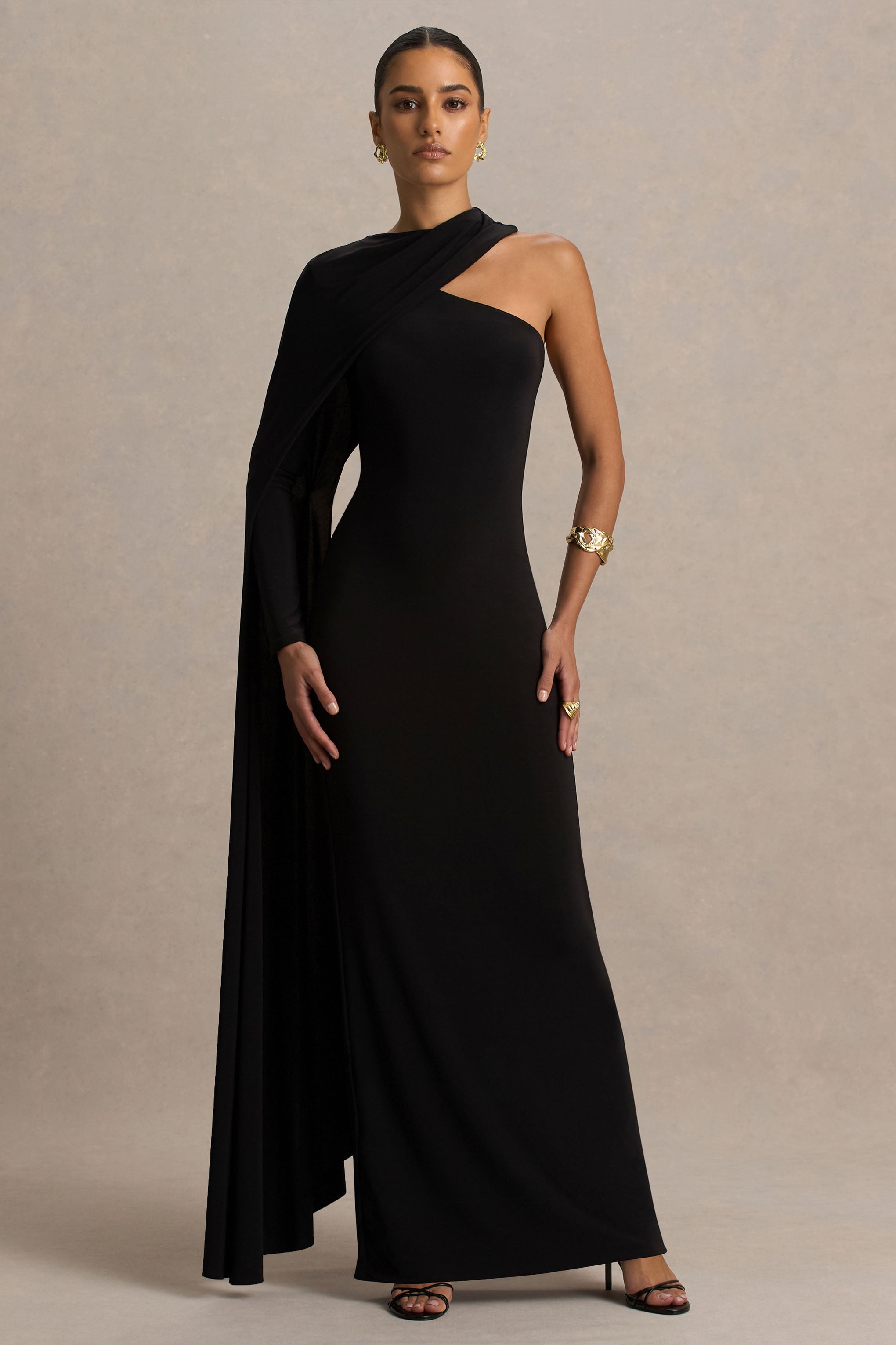 Dawn | Black High-Neck Maxi Dress With One Long Cape-Sleeve-Sowoom