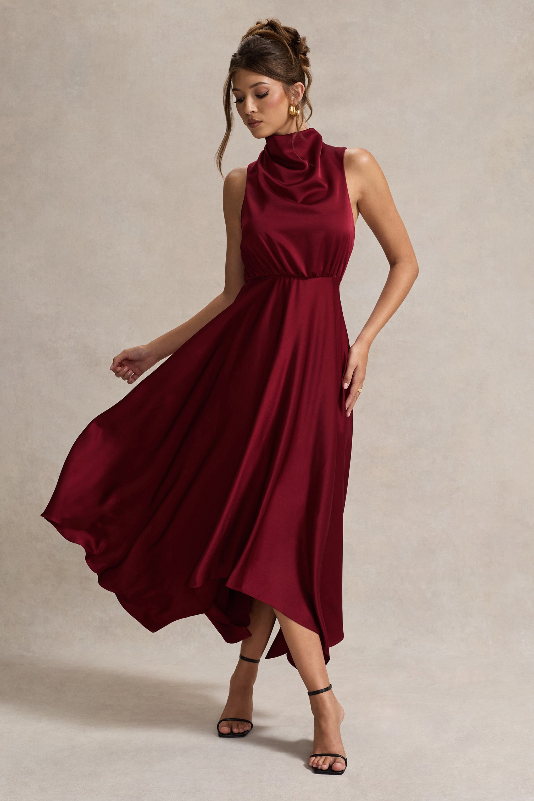 Kerri | Berry Satin Cowl-Neck Maxi Dress-Sowoom