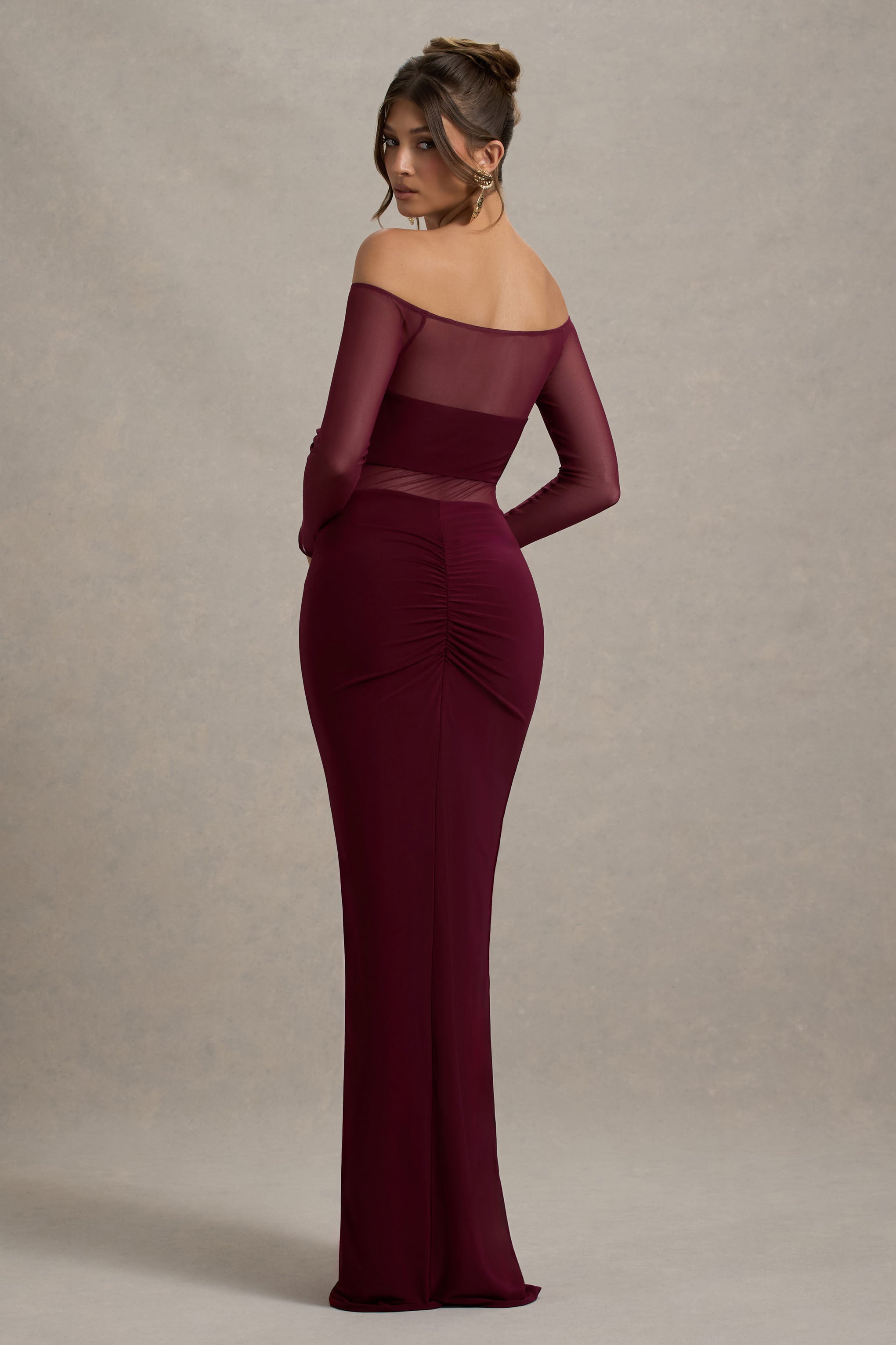 Cover Star | Burgundy Mesh Bardot Long-Sleeve Draped Maxi Dress-Sowoom