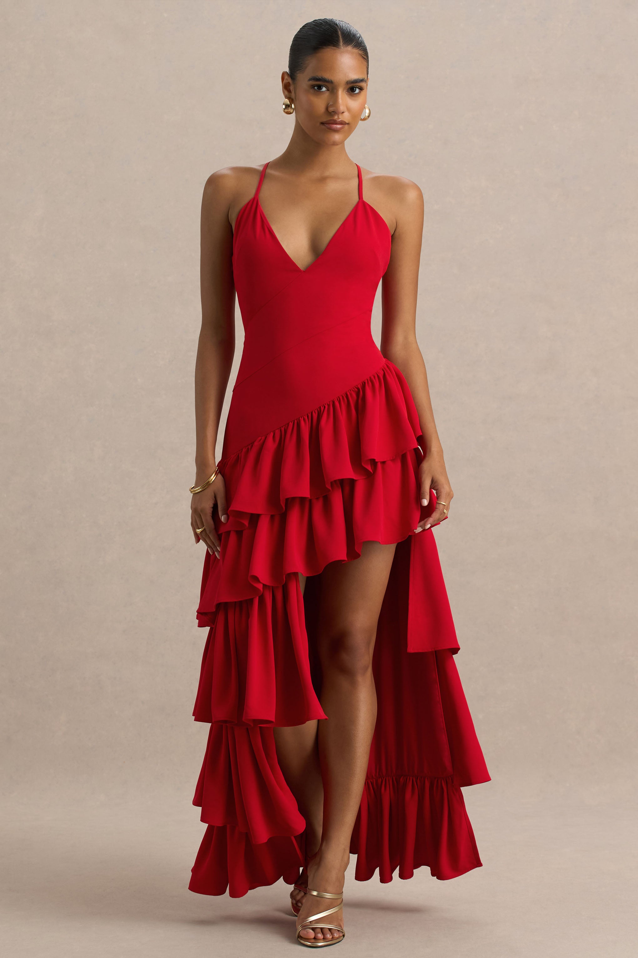 Bogota | Red Plunge-Neck Maxi Dress With Ruffling Details And Front High Split-Sowoom