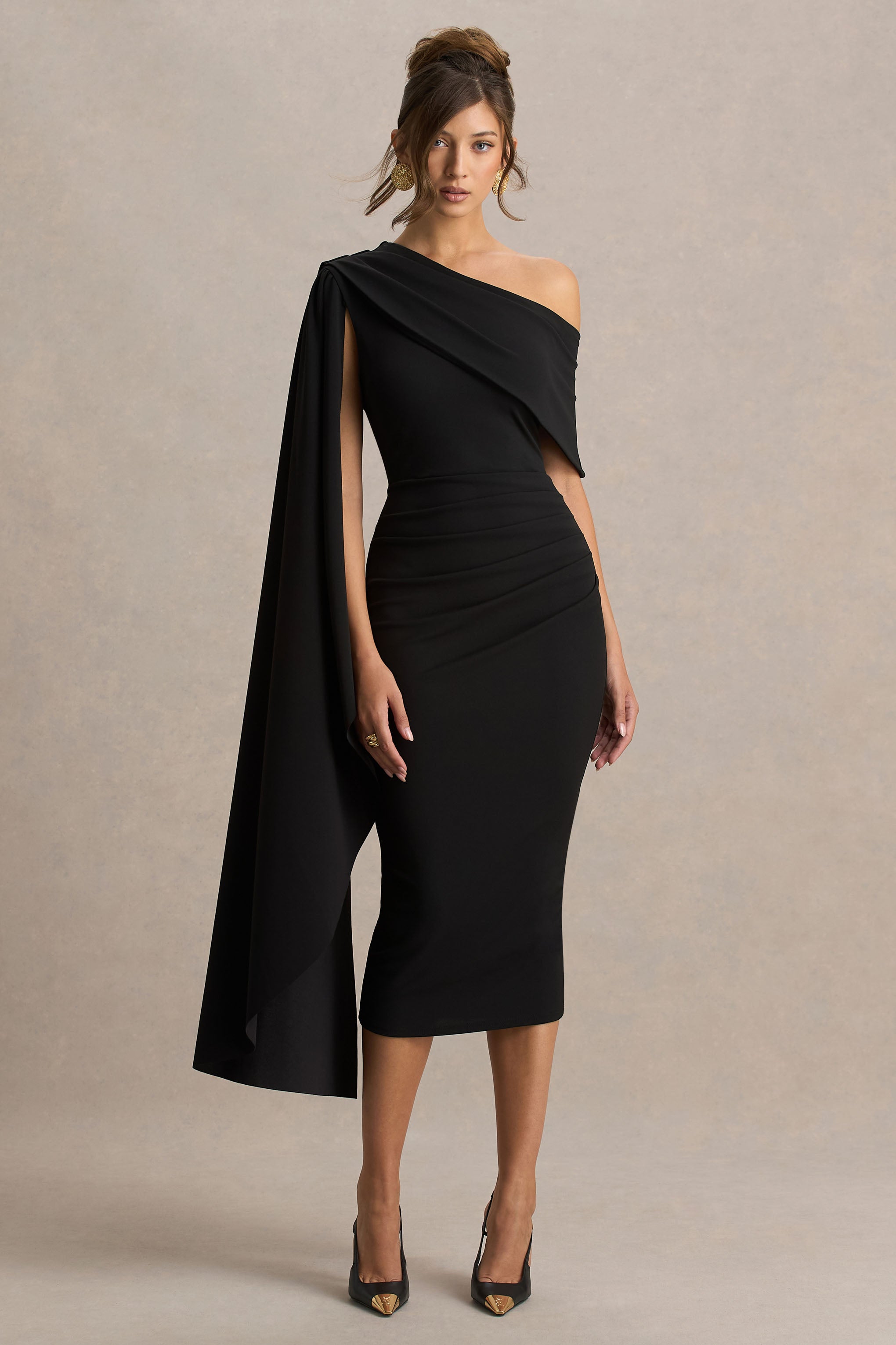 Leah | Black Asymmetric-Neck Midi Dress With Cape-Sleeve-Sowoom