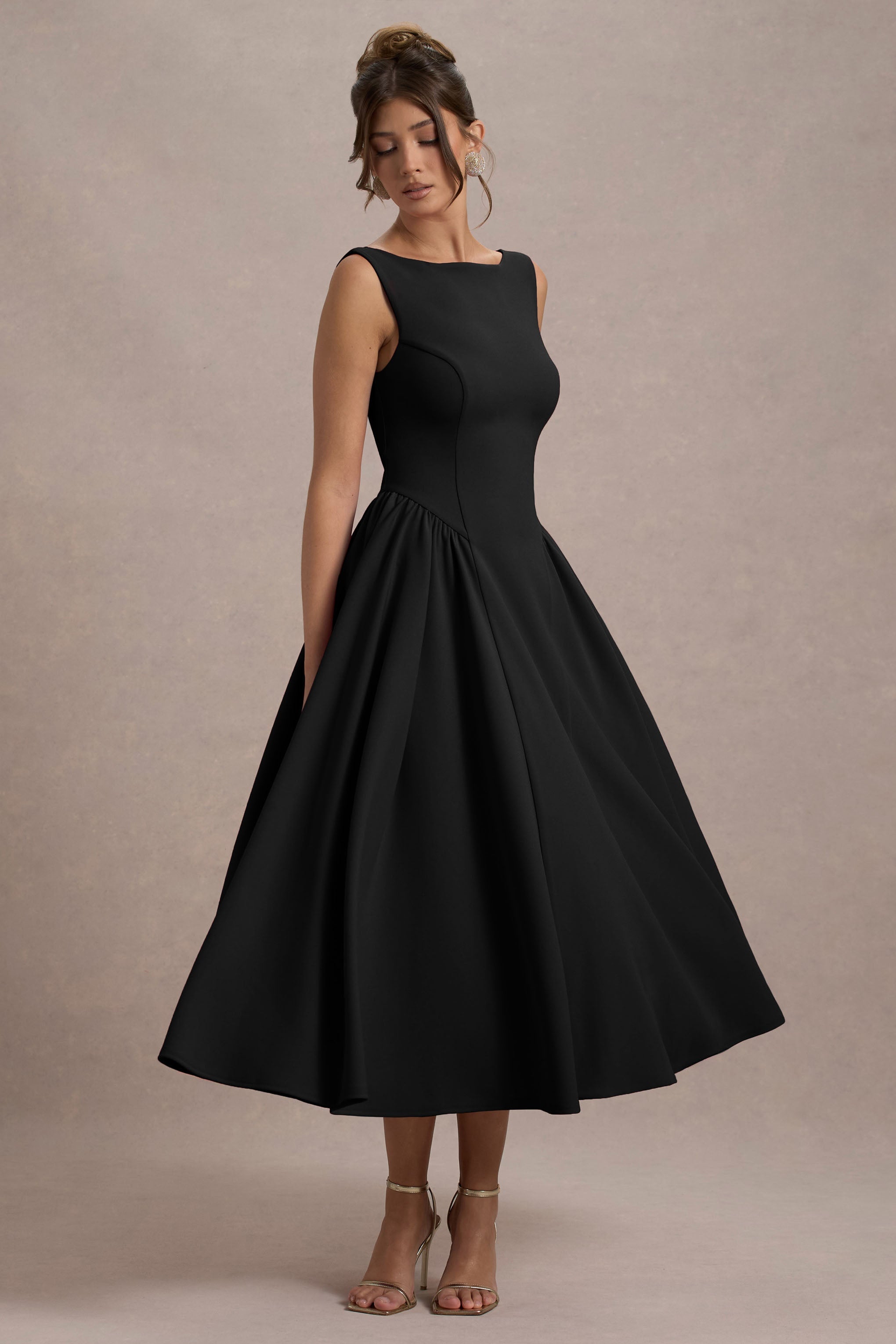 Muriel | Black Boat-Neck Volume-Hem Midi Dress-Sowoom