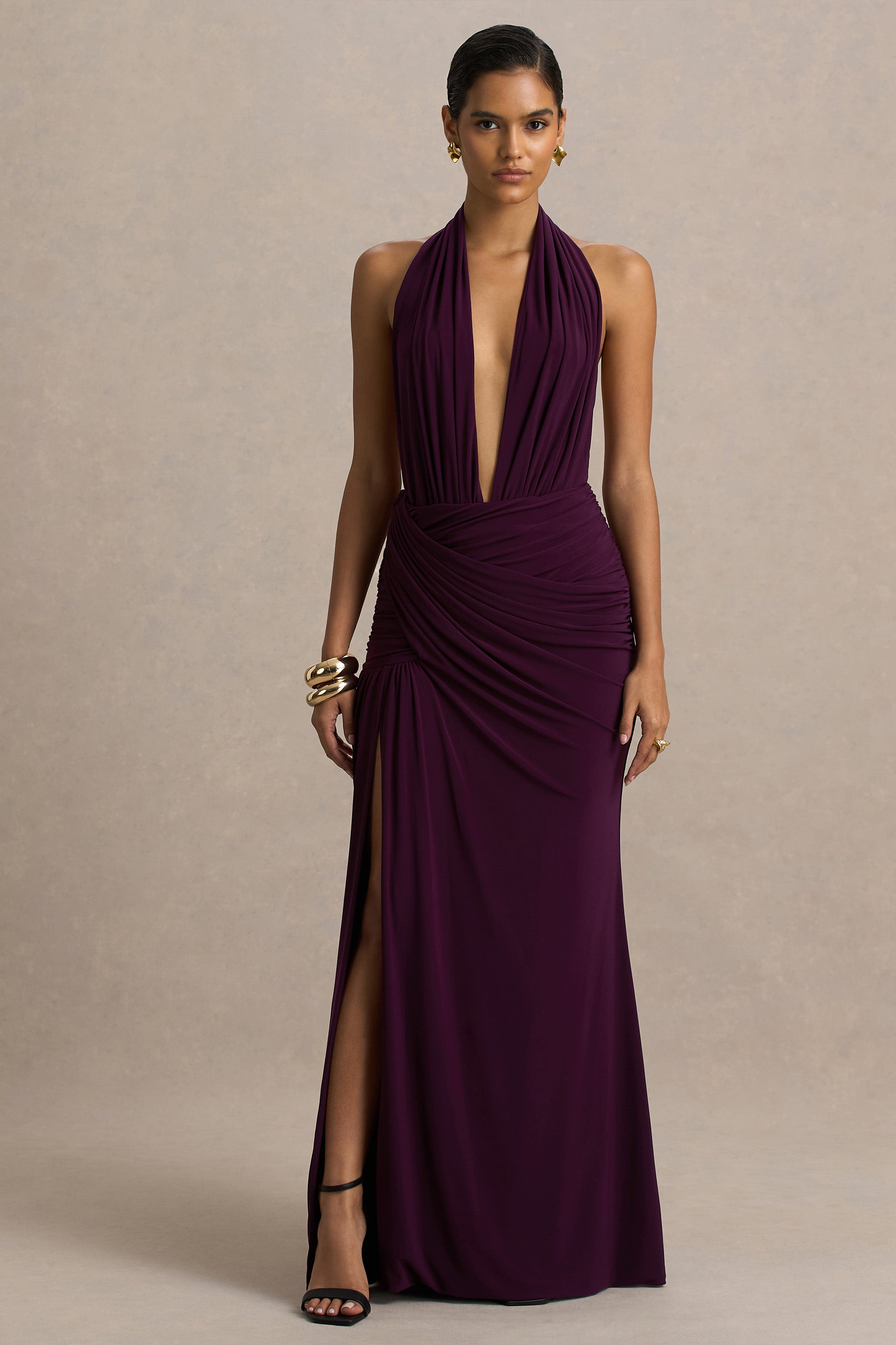 Tilly | Burgundy Extreme Plunge-Neck Maxi Dress With Wrap And Ruched Details-Sowoom