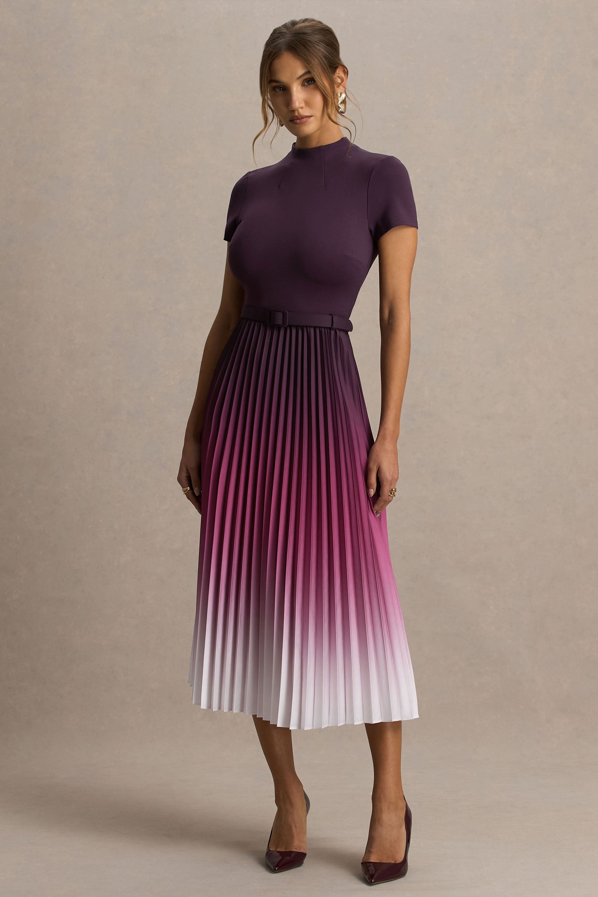 Libby | Burgundy Ombre Woven High-Neck Midi Dress With Pleated Detailing-Sowoom
