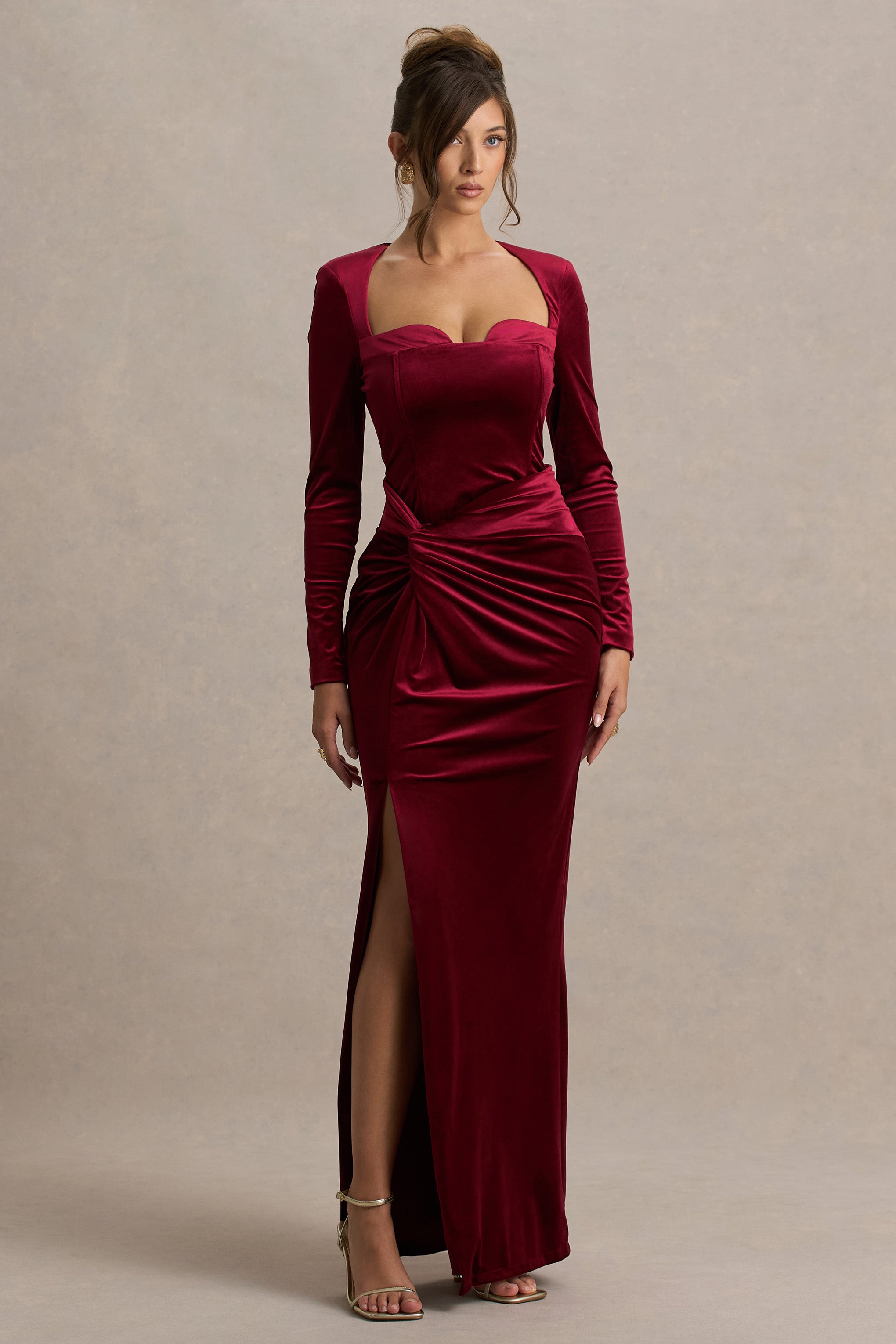 Fay | Berry Velvet Corset Style Knot Maxi Dress-Sowoom