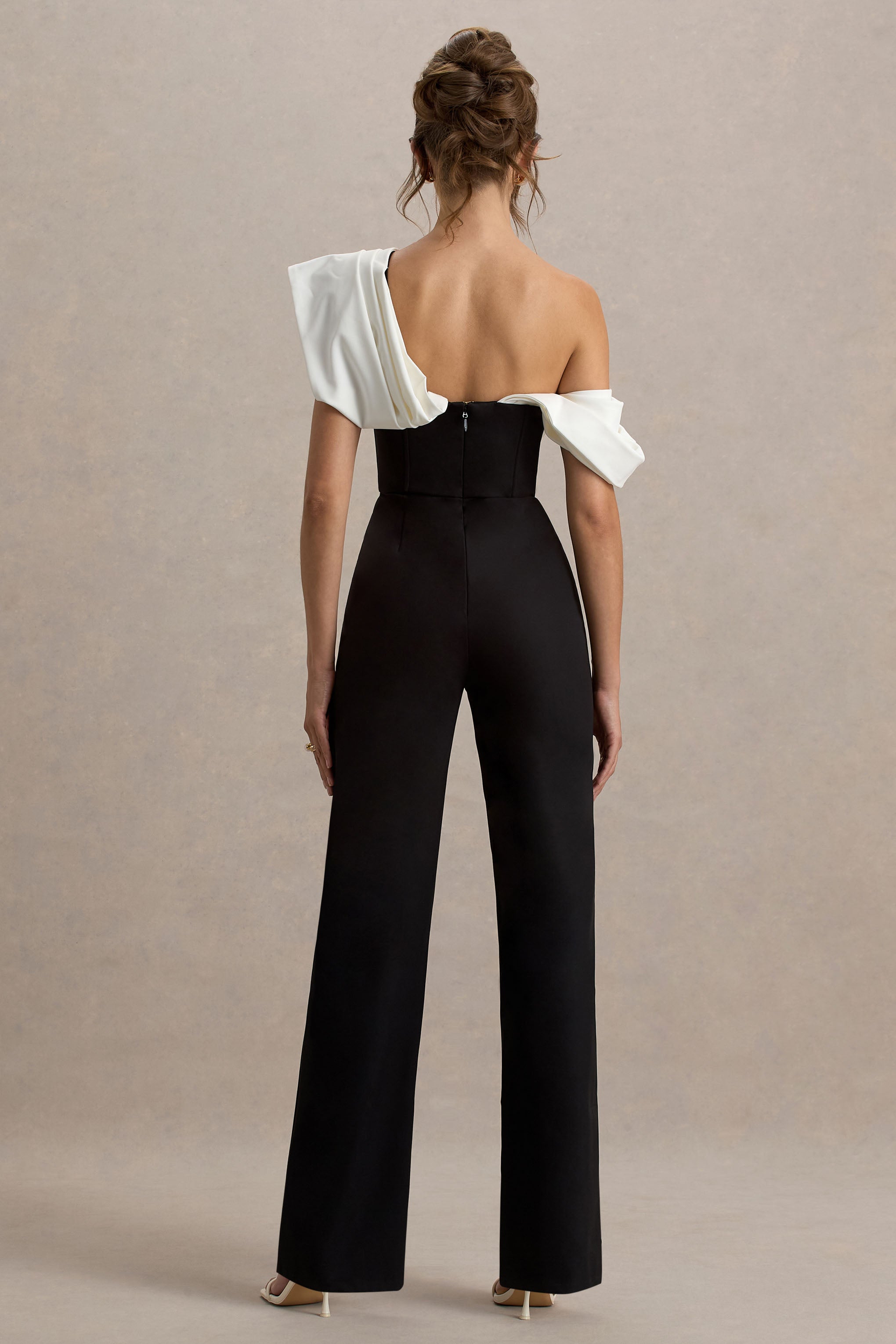 Falling For You | Black & White Asymmetric Draped Jumpsuit-Sowoom