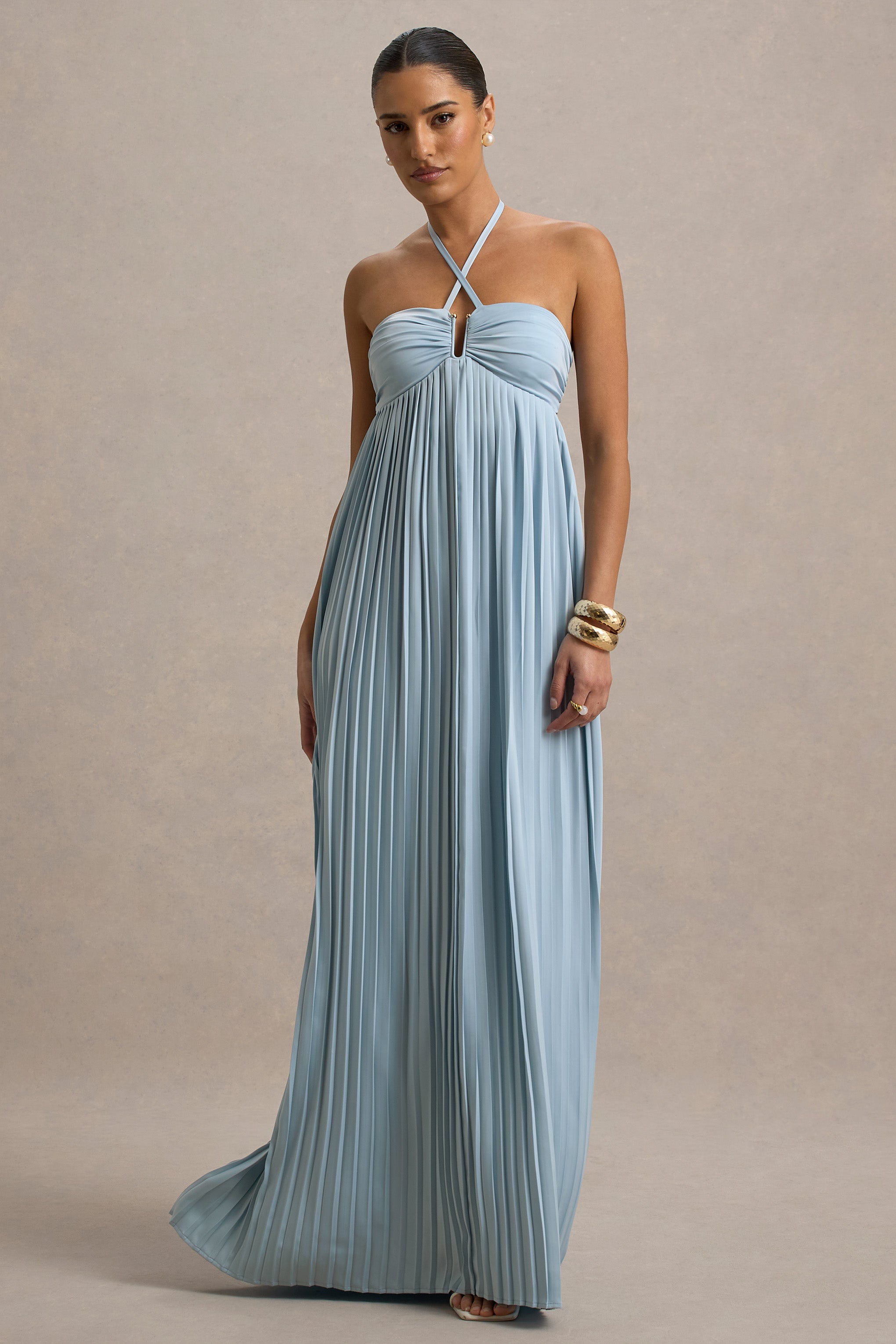 Elayne | Powder Blue Halter-Neck Maxi Dress With Cut-Out Detail-Sowoom