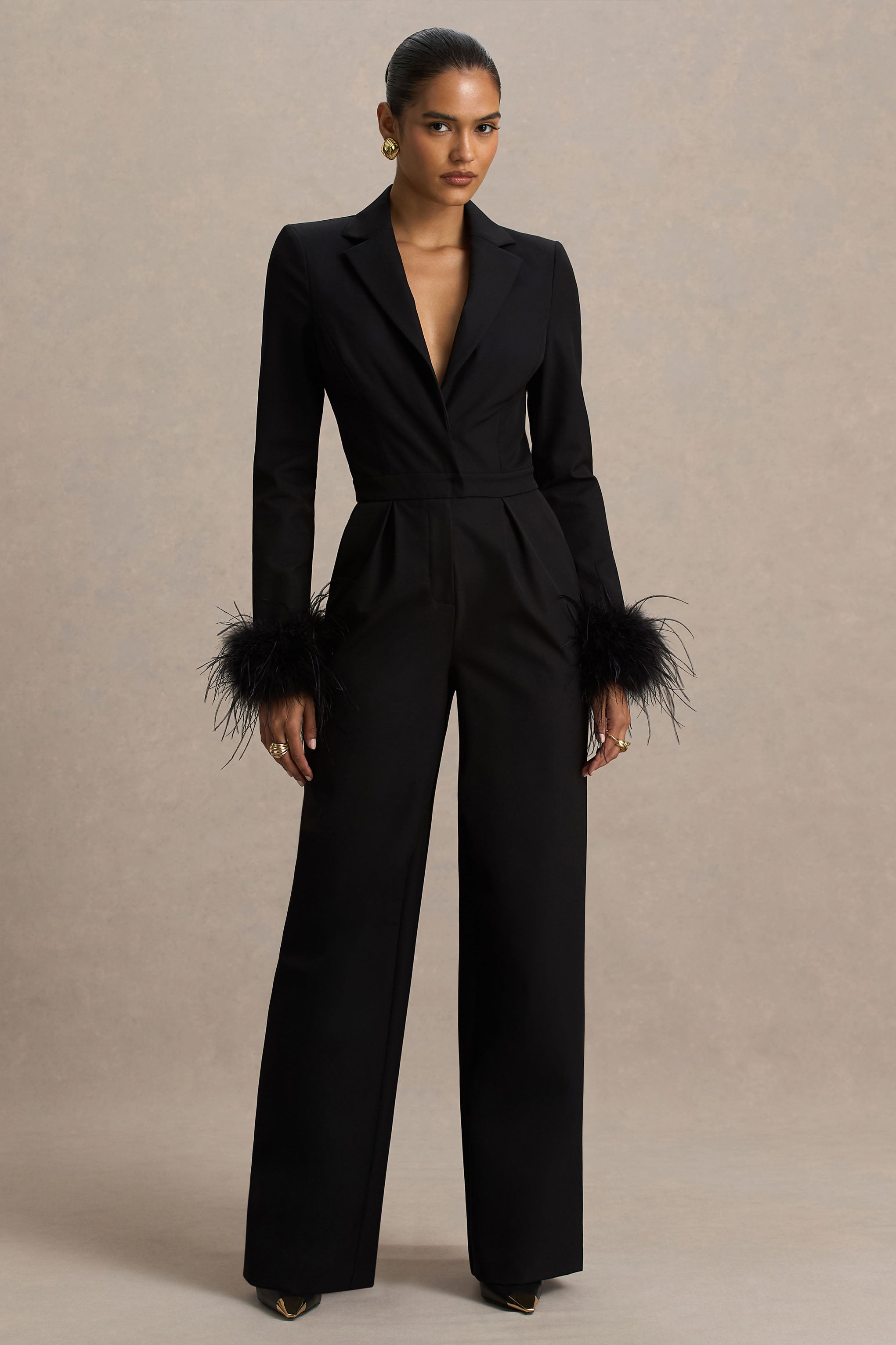 Lissy | Black Plunge-Neck Jumpsuit With Feather-Detailed Sleeves-Sowoom
