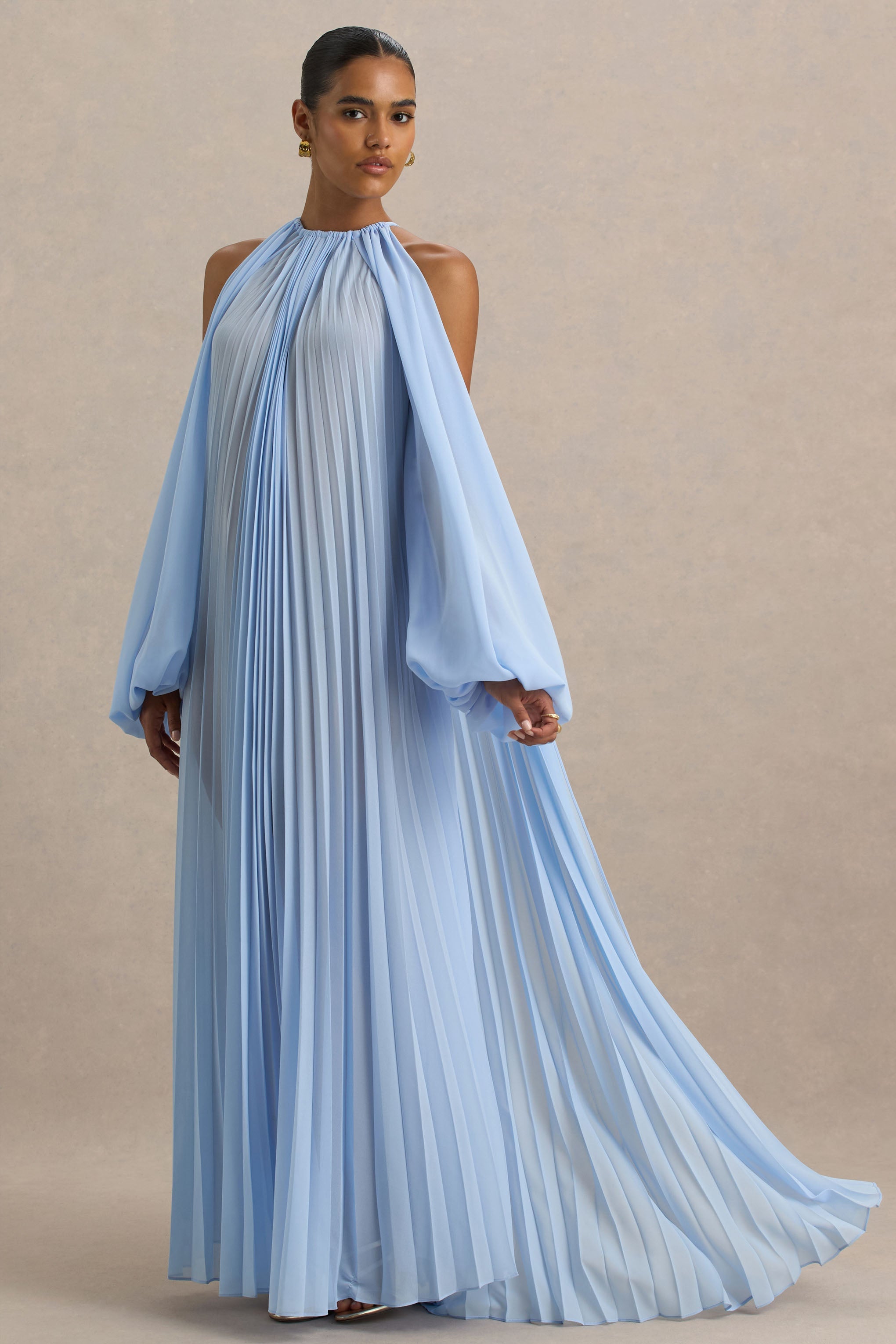 Reyna | Powder Blue Pleated Chiffon Cold-Shoulder Maxi Dress-Sowoom