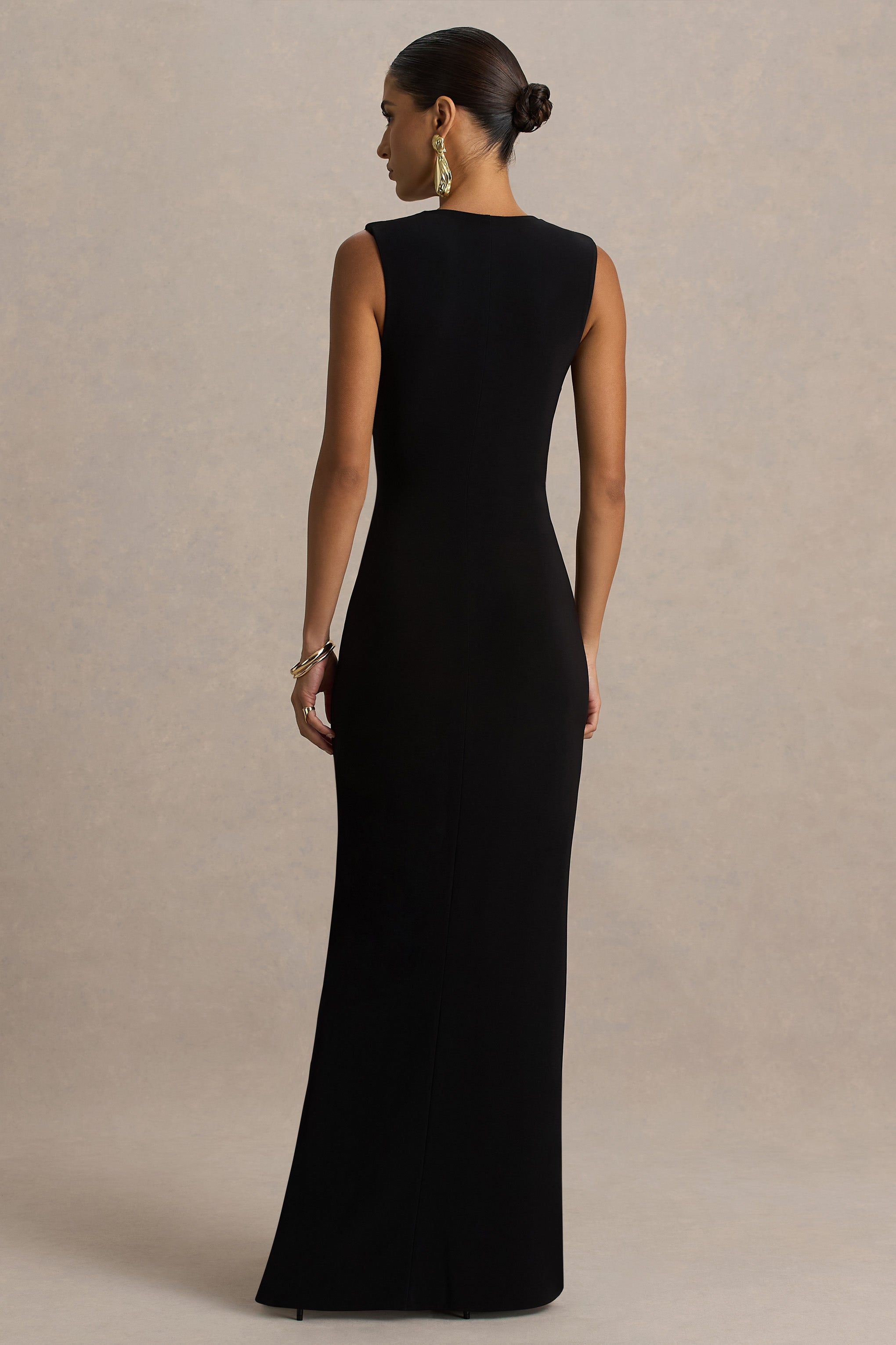 Alena | Black Extreme-Plunge Neck Maxi Dress With Gold Detail-Sowoom