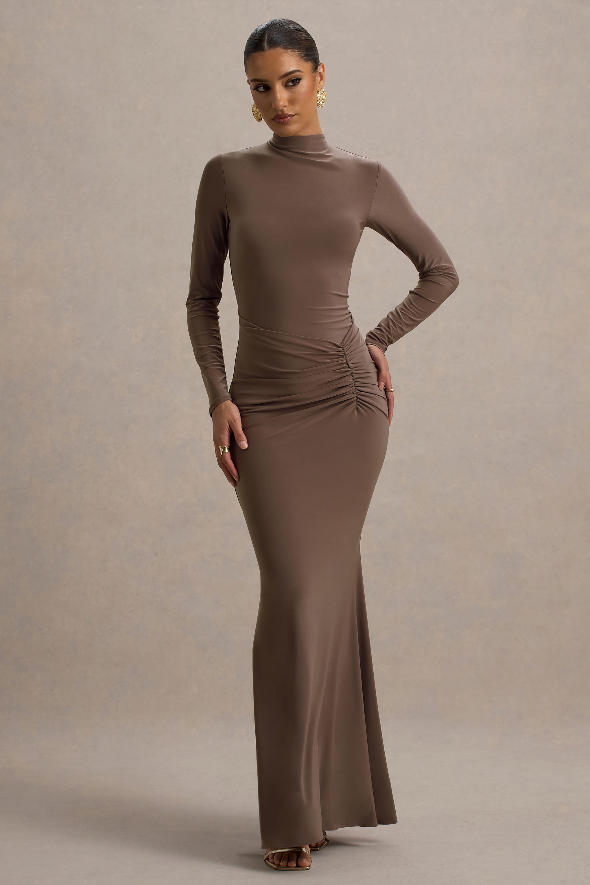 Reid | Brown Long-Sleeve Gathered Maxi Dress-Sowoom