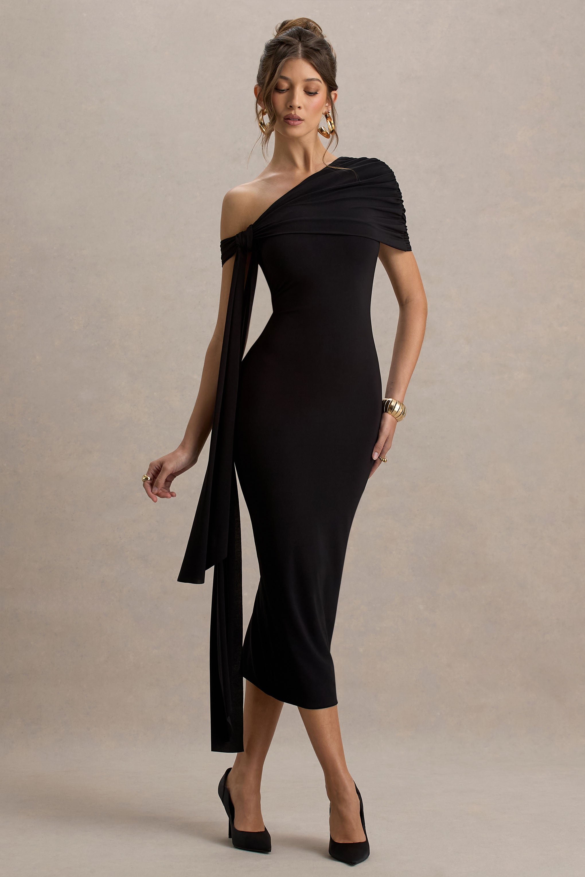 Praia | Black Asymmetric-Neck Maxi Dress With Sash and Draped Detailing-Sowoom