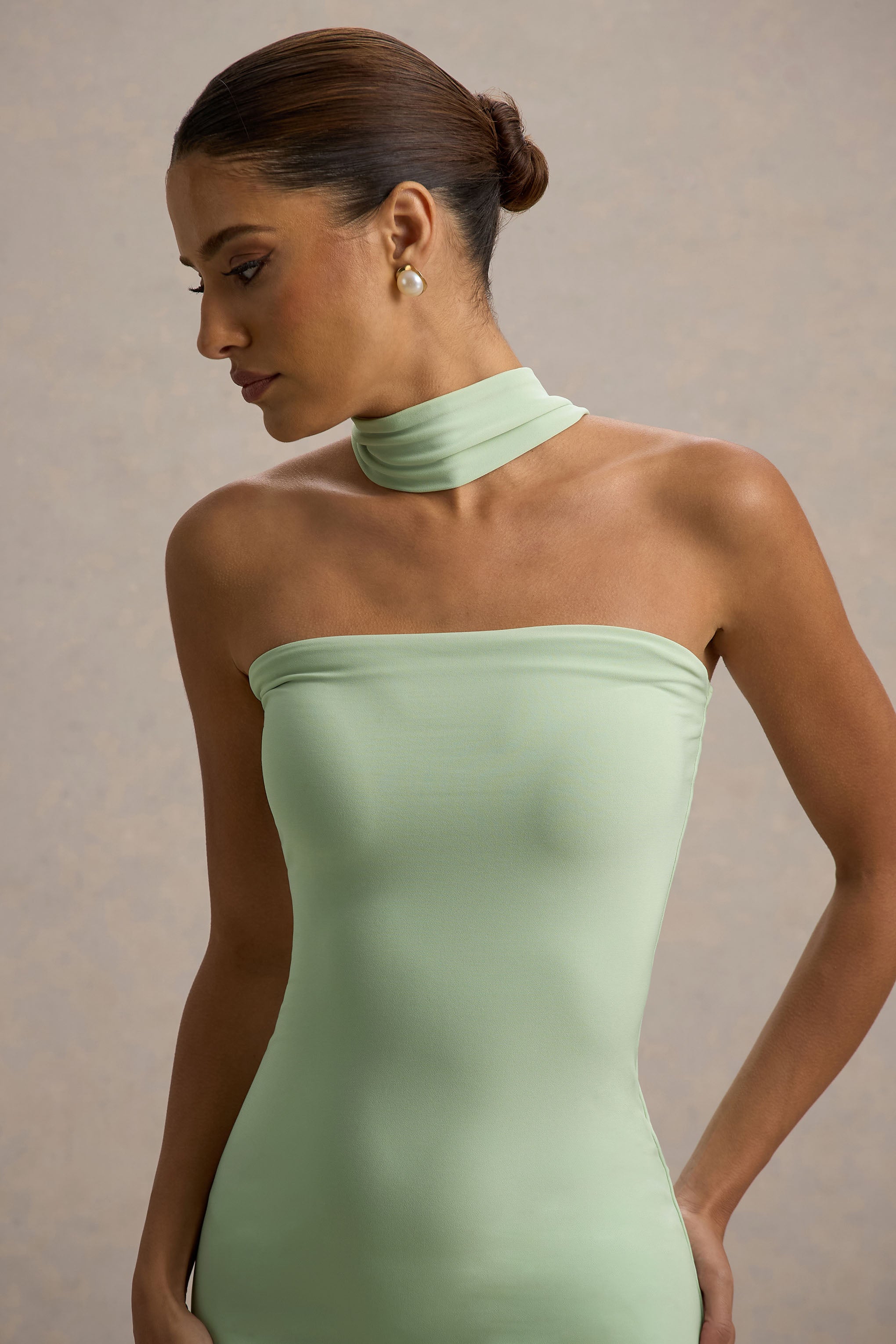 Nobu | Light Green Bandeau Maxi Dress With Halter-Collar-Sowoom