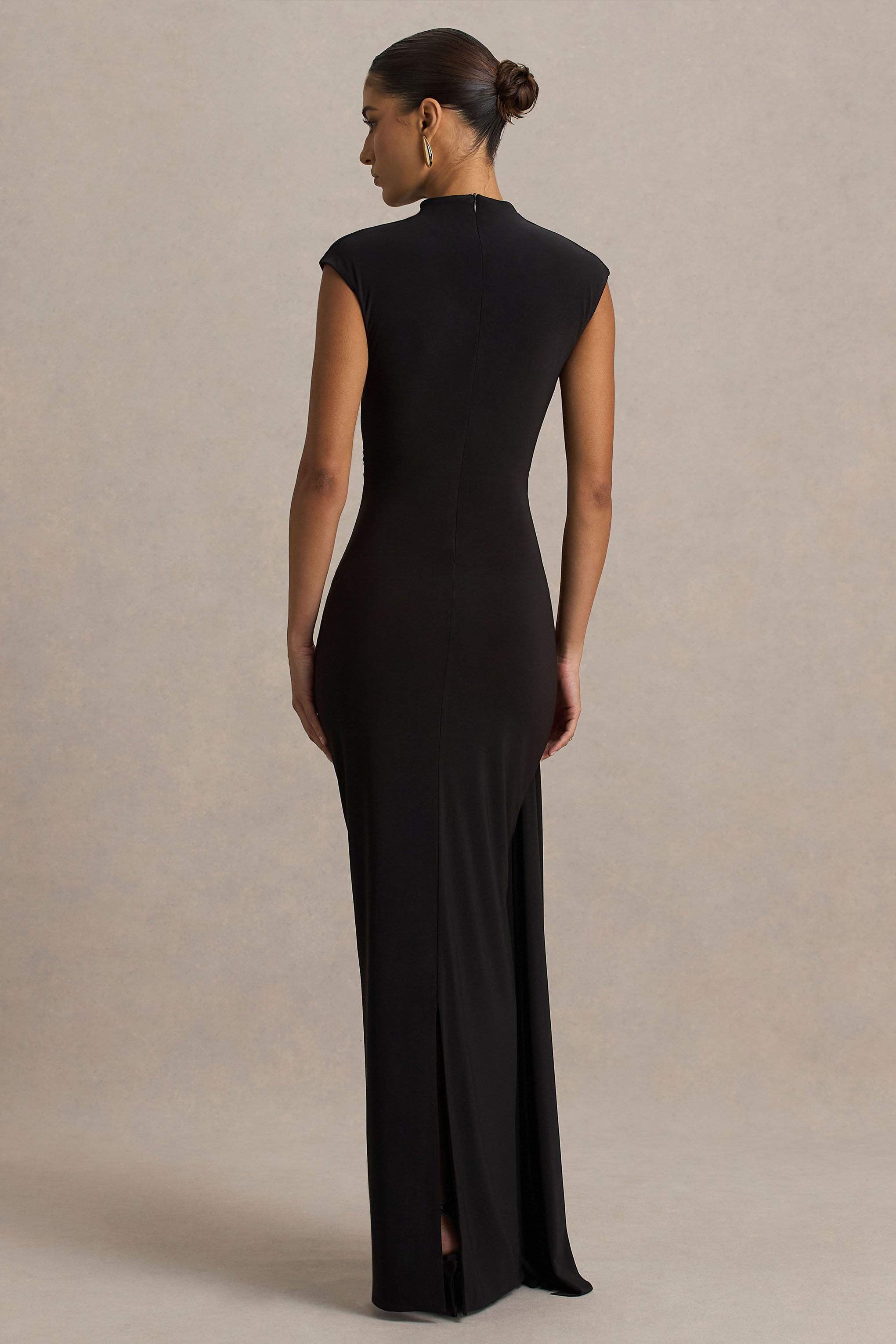 Solene | Black High-Neck Maxi Dress With Wrap And Drape Detail-Sowoom