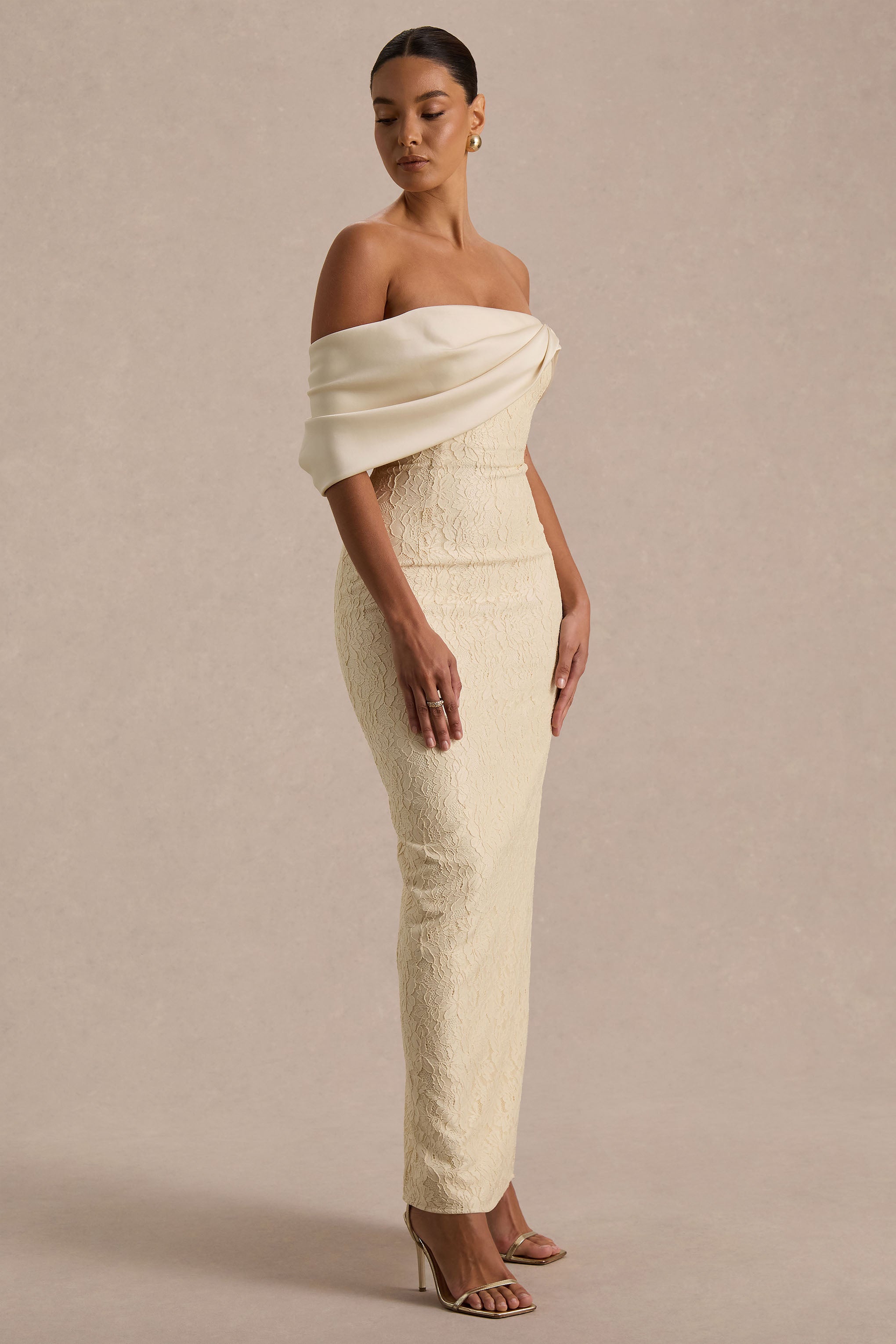 Solora | Cream Lace Twisted Bardot-Neck Maxi Dress-Sowoom