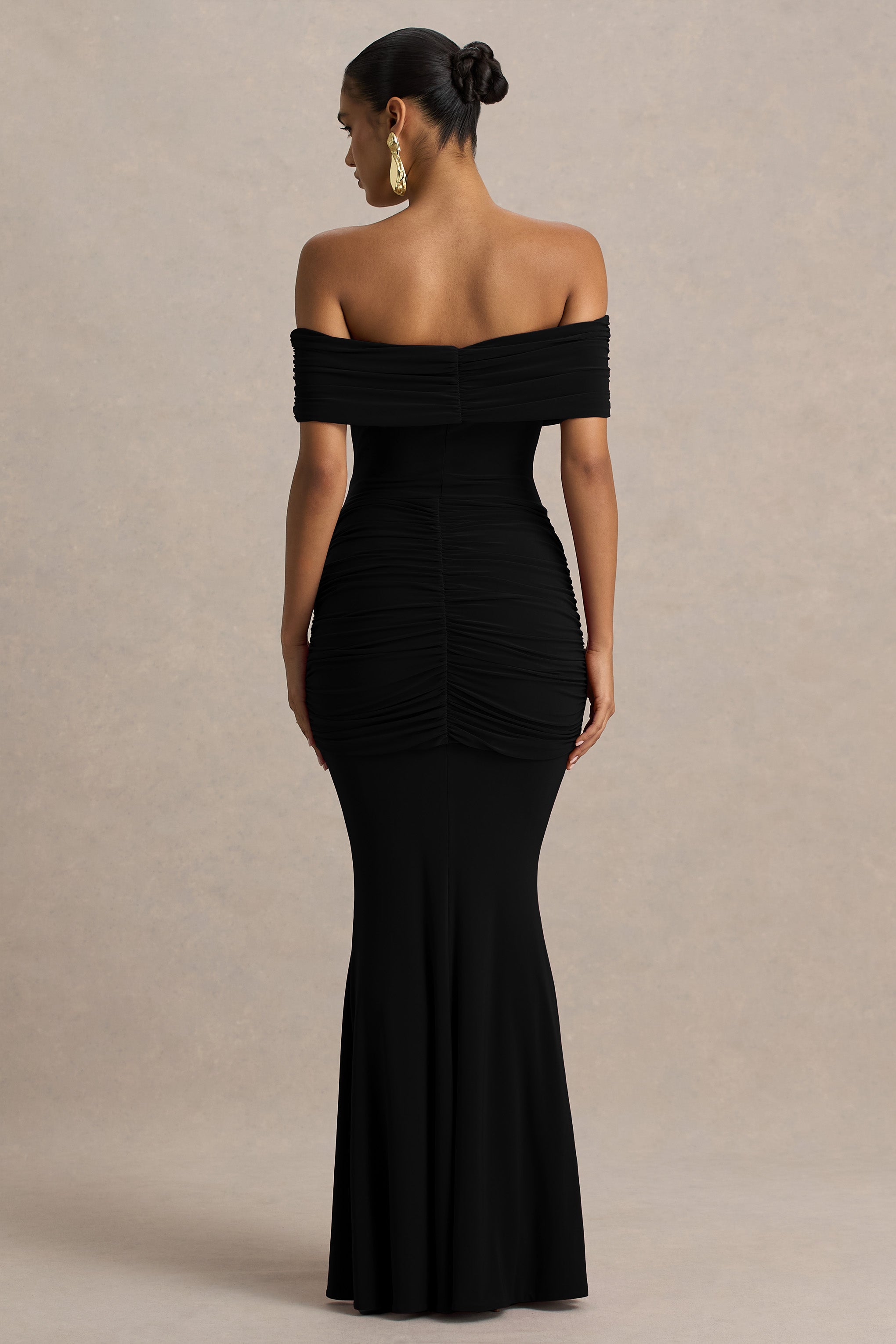 Envisioned | Black Bardot-Neck Maxi Dress With Gathered And Drape Detail-Sowoom