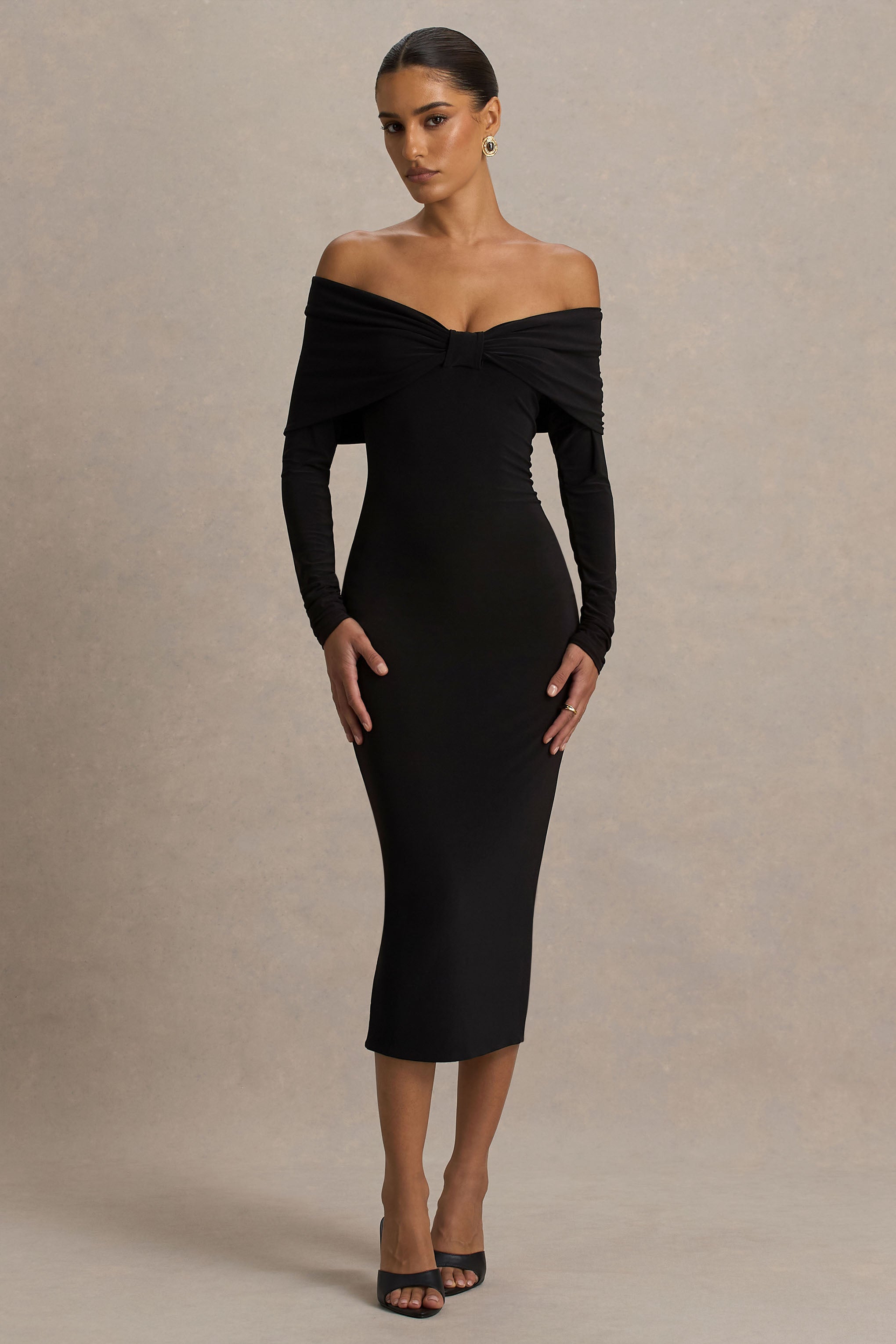 Spark | Black Bardot-Neck Midi Dress With Bow Detail-Sowoom