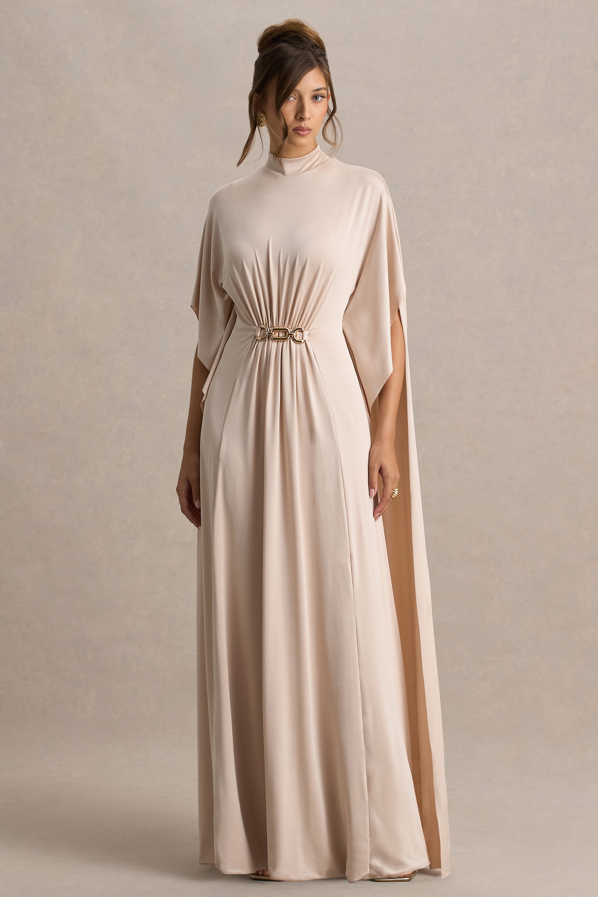 Olessia | Champagne Belted Gathered Cape-Sleeve Maxi Dress-Sowoom