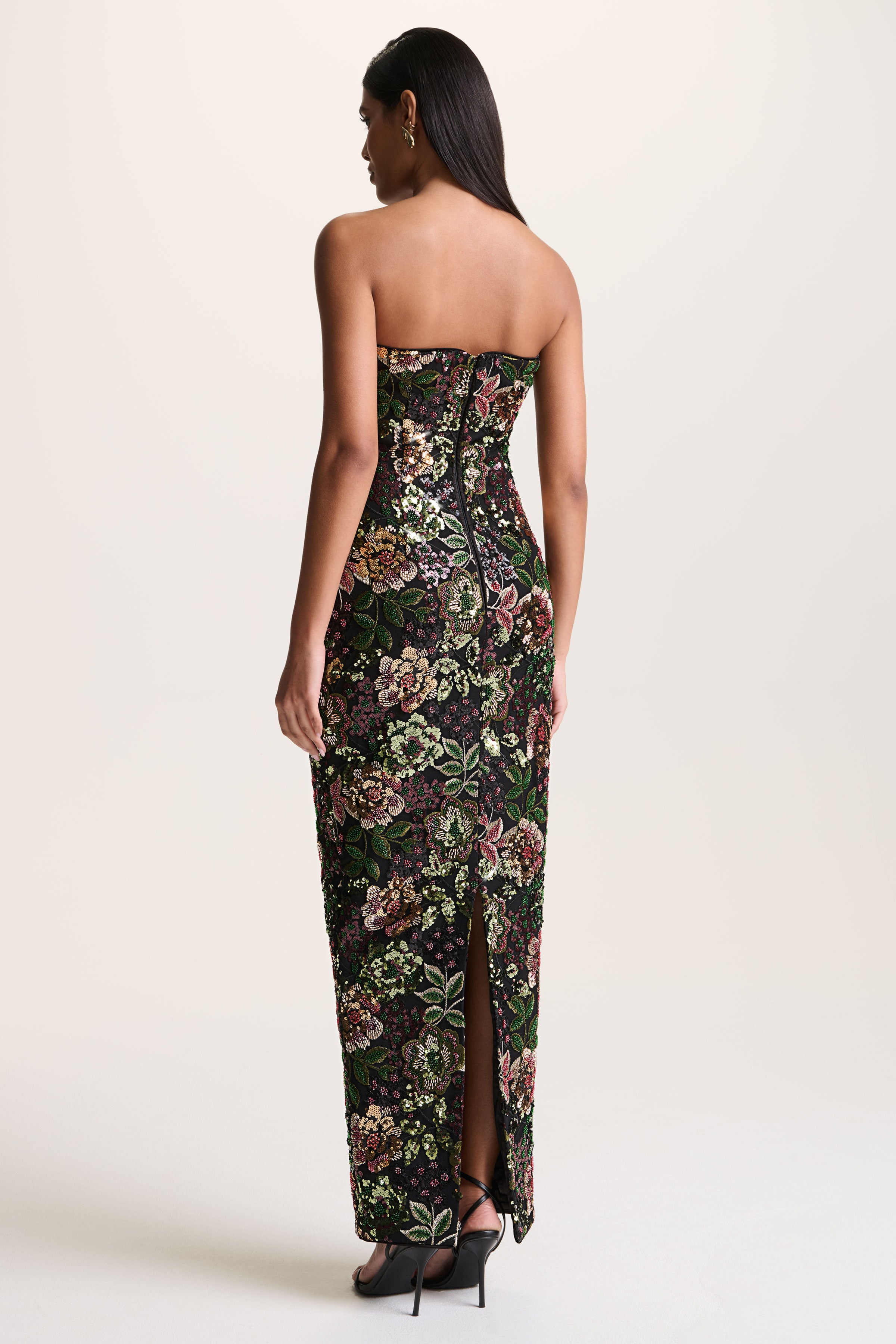 Cora | Winter Floral Embellished Mesh Bandeau Maxi Dress With Scarf-Sowoom