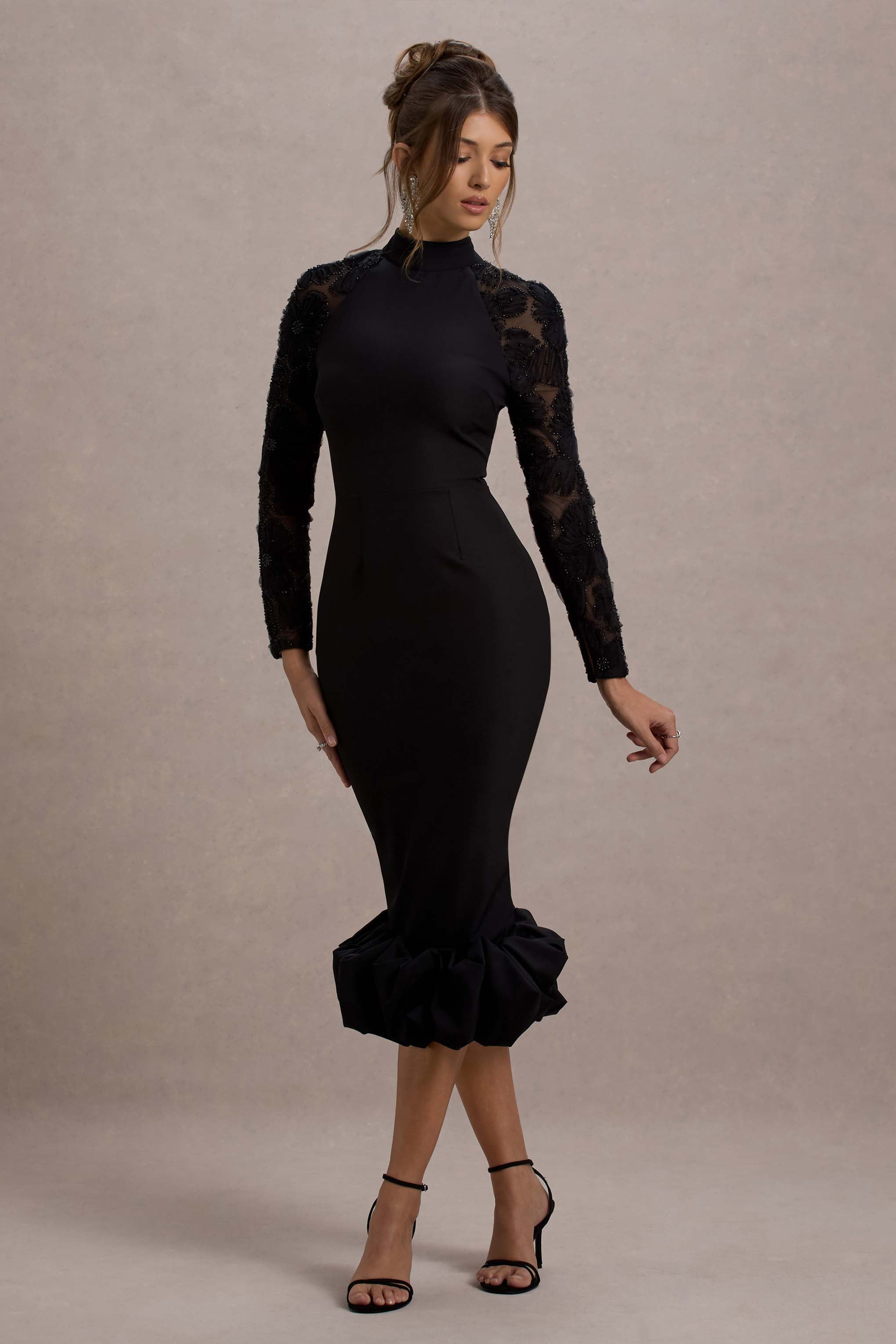 Chandra | Black Mesh Long-Sleeve Midi Dress With Ruffle Hem-Sowoom