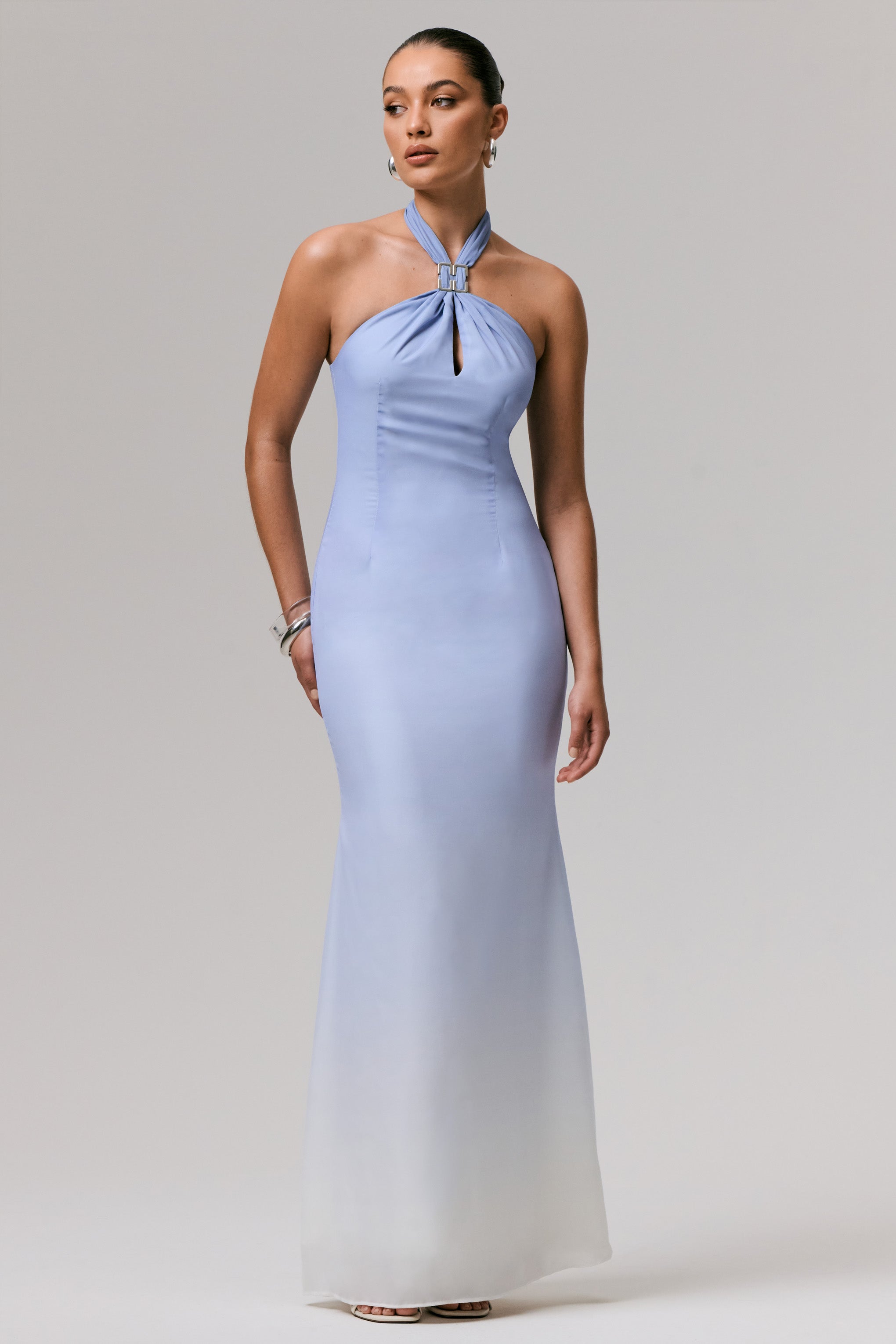Sharni | Blue Ombre Chiffon Halter-Neck Maxi Dress-Sowoom