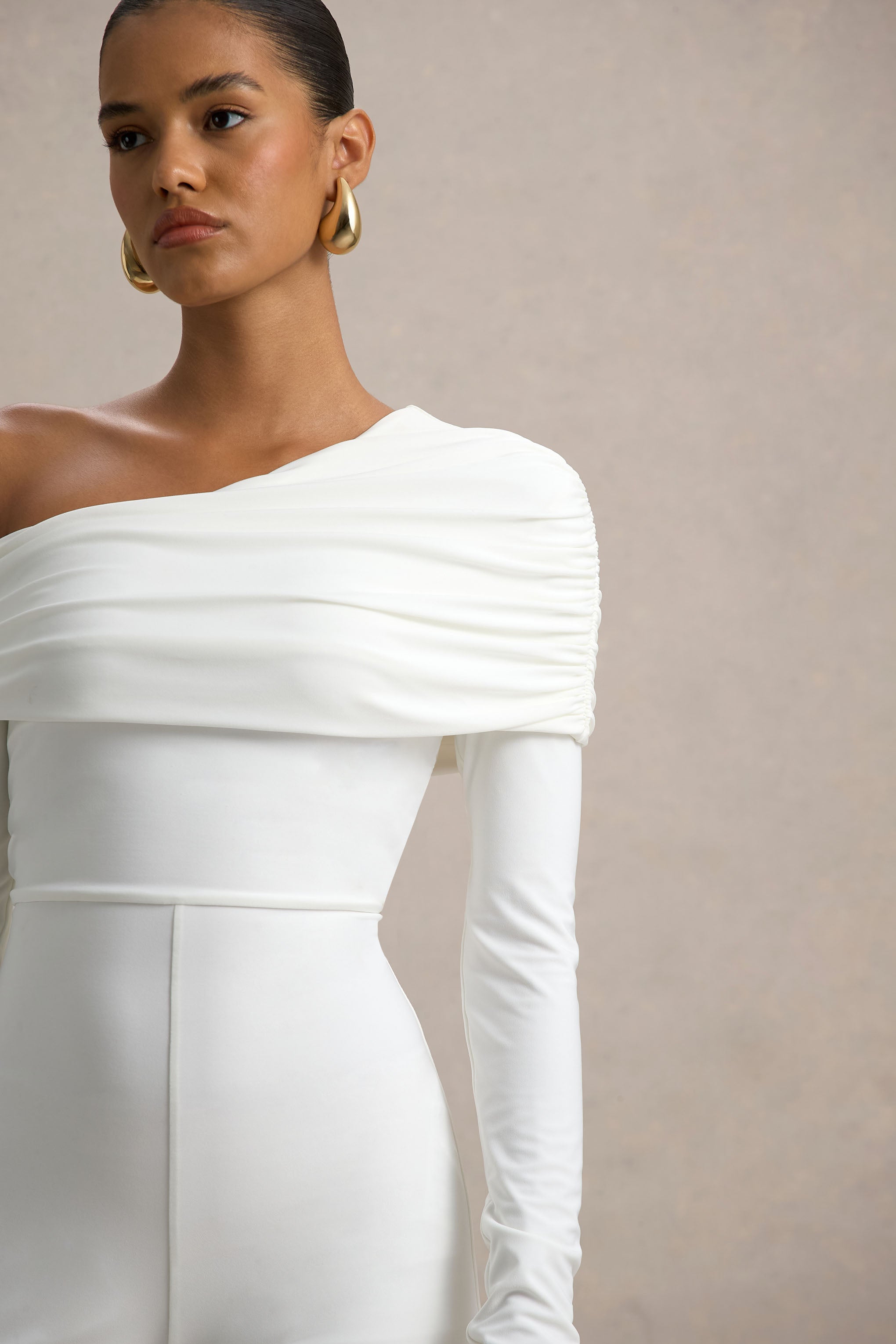 Gracious | White Jumpsuit With Asymmetric Neckline-Sowoom