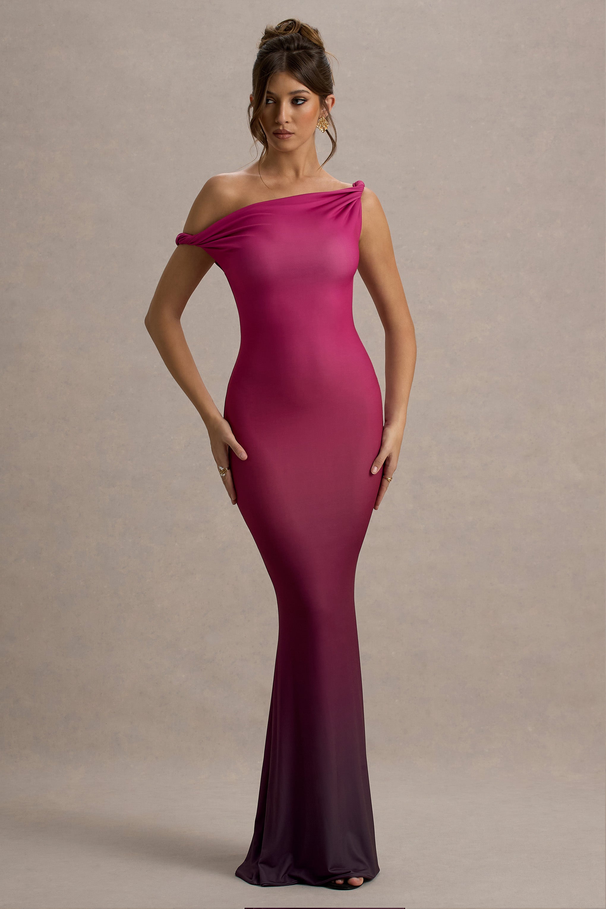 Exotic | Berry Ombre Twisted Asymmetric Maxi Dress-Sowoom