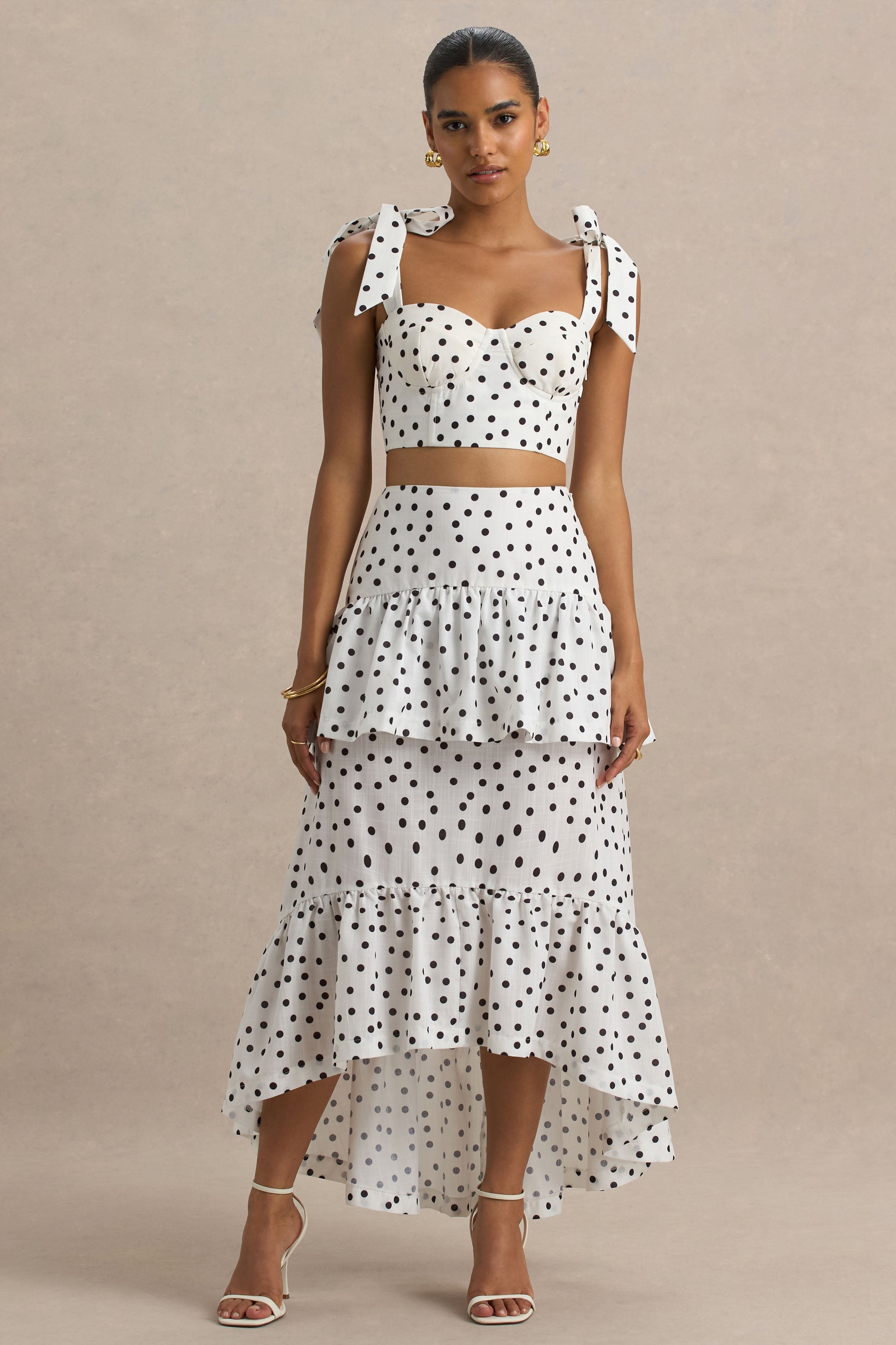 Emry | White Polka Dot High-Waist Maxi Skirt With Ruffle Detail-Sowoom