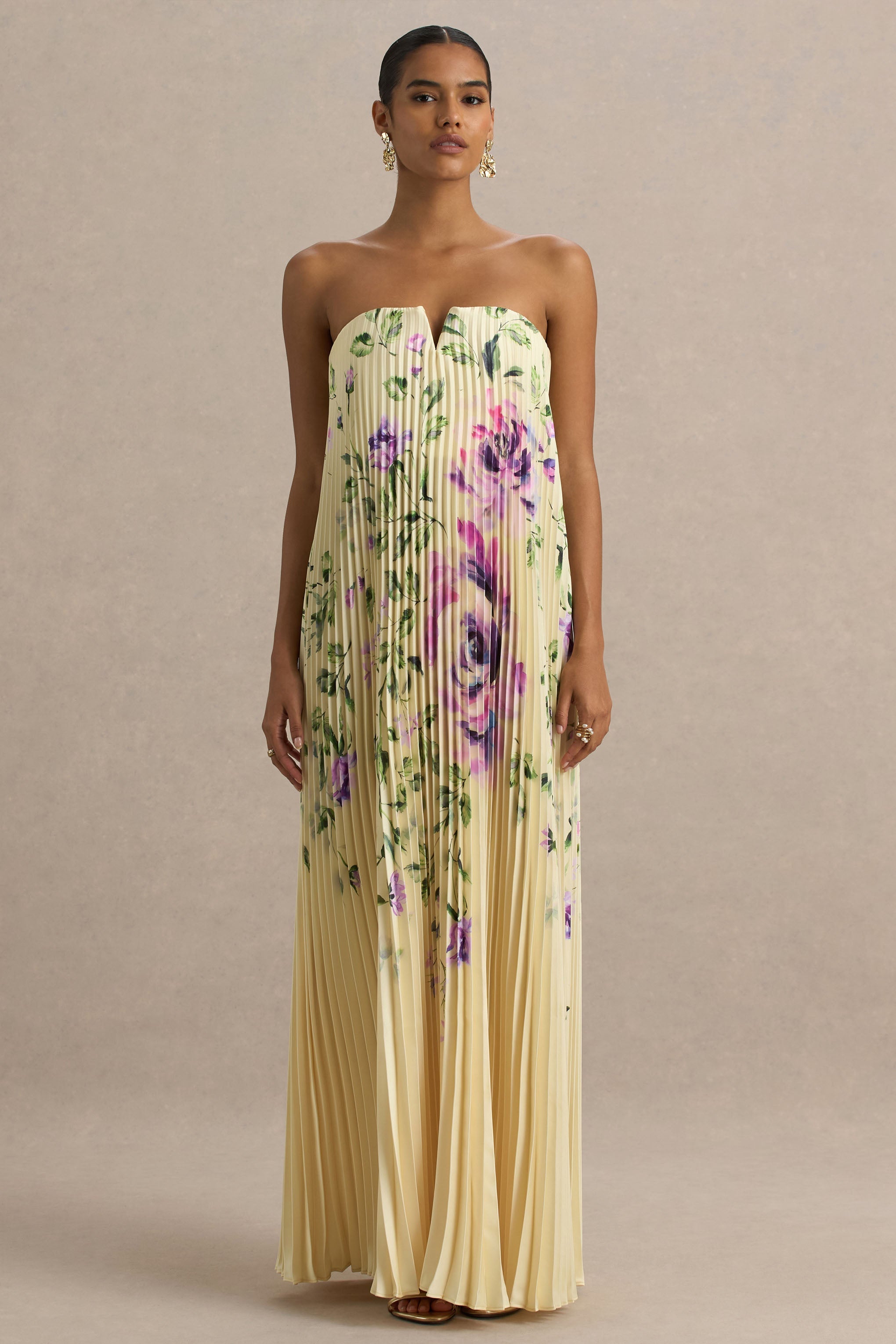 Bergamot | Lemon Rose Print Satin Sweetheart Maxi Dress-Sowoom