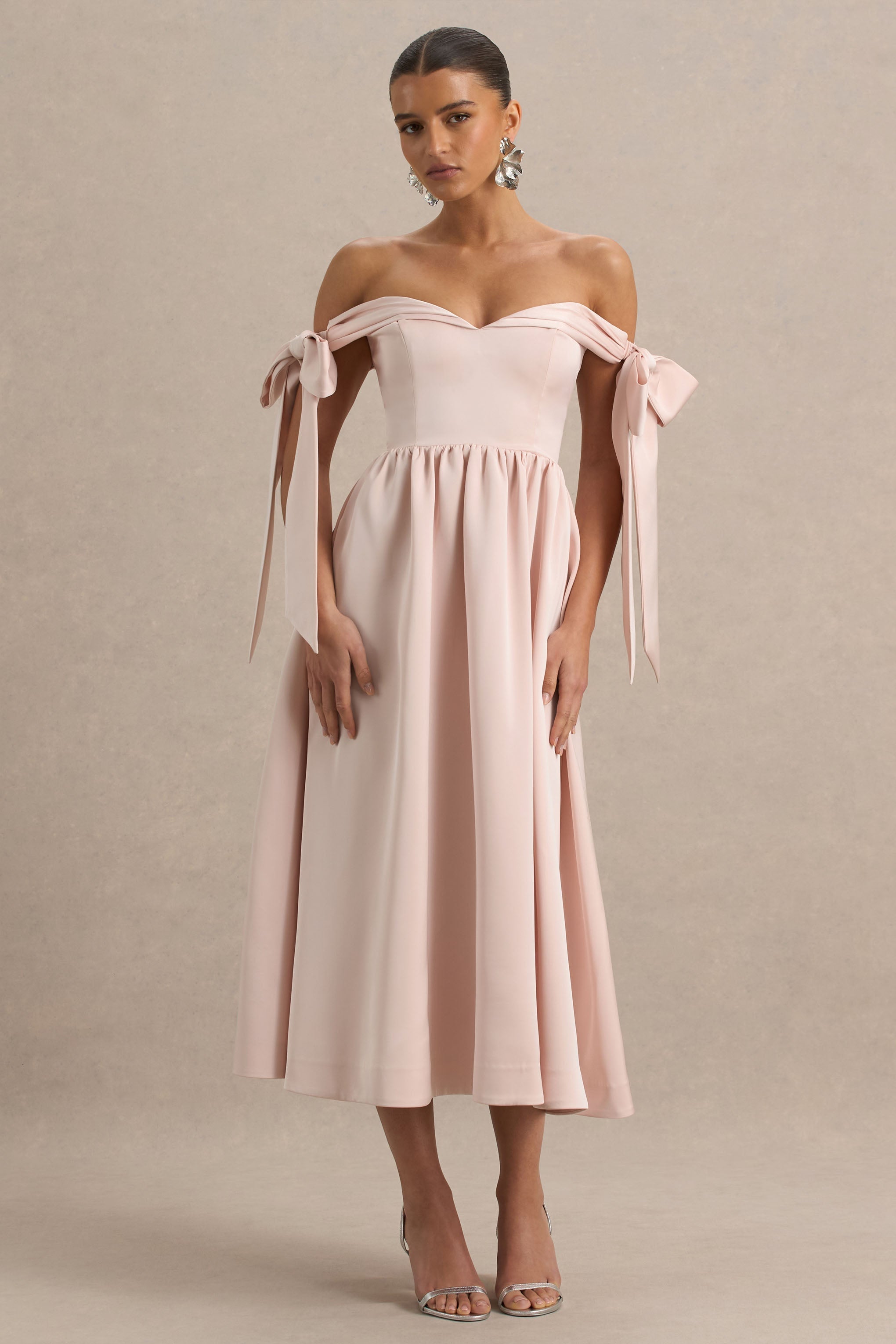 Agafay | Rose Pink Satin Short-Sleeve Bardot Wrap Midi Dress With Bow Detail-Sowoom