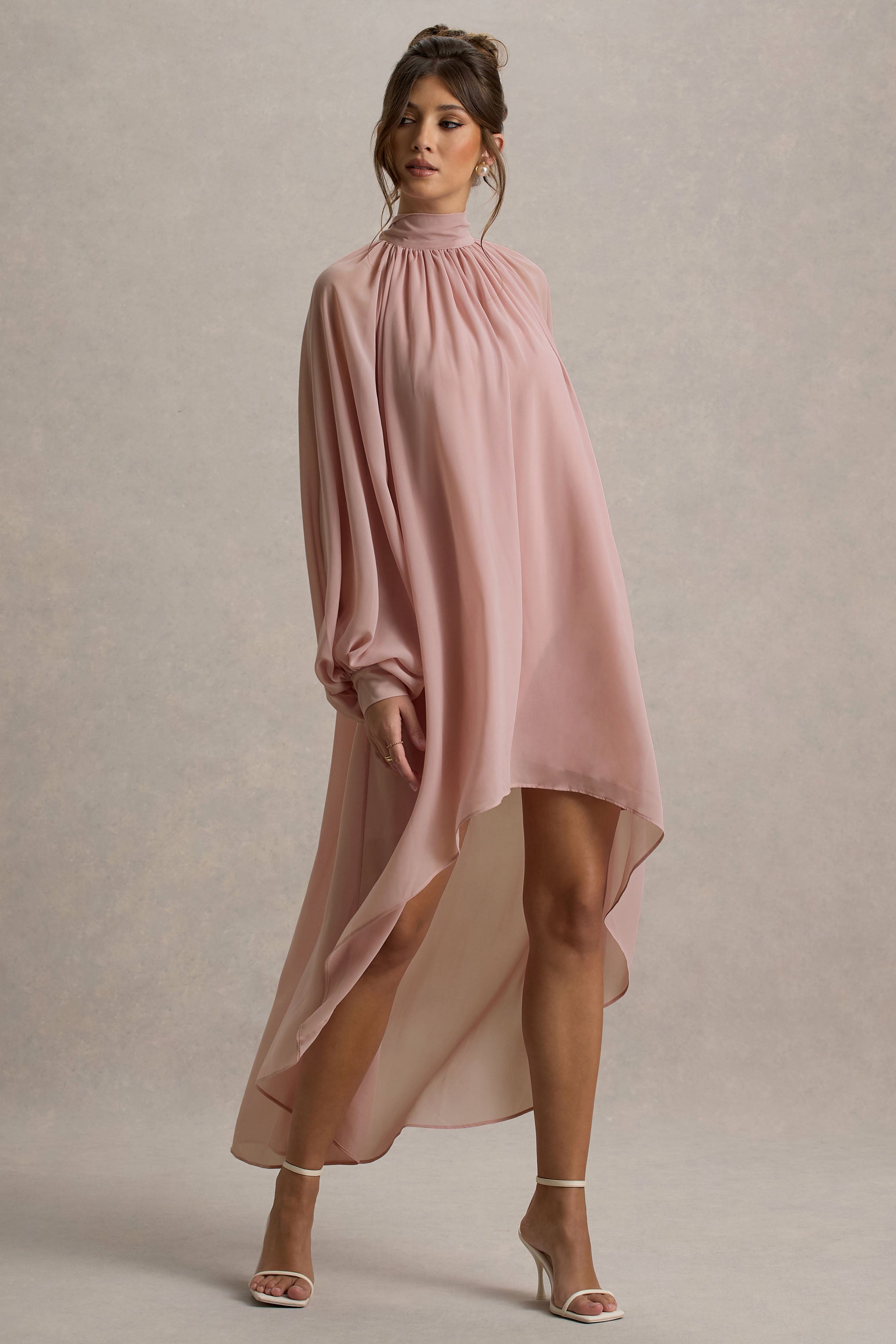 Delphia | Pale Pink High-Neck Maxi Dress With High-Low Hem-Sowoom