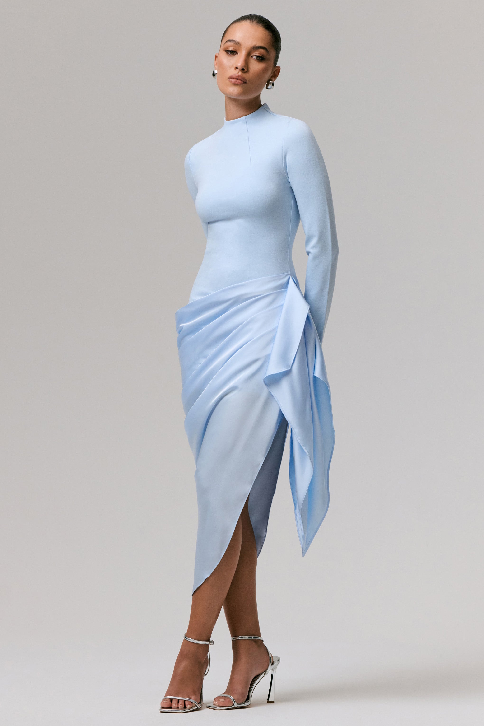 Raffie | Powder Blue Long-Sleeve Midi Dress With Satin Wrap Skirt-Sowoom