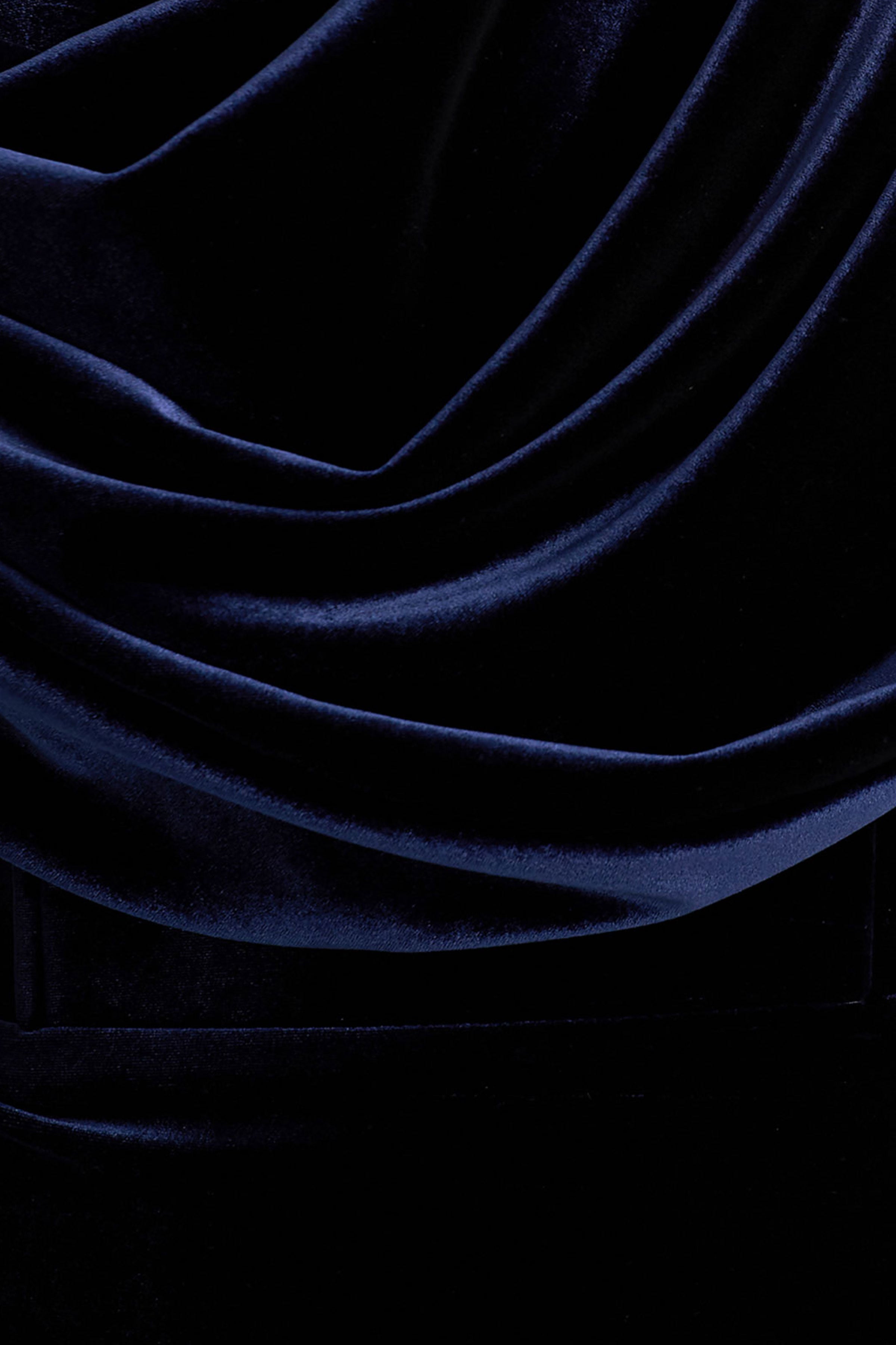 High End | Navy Velvet Asymmetric-Neck Midi Dress With Draped Detailing-Sowoom