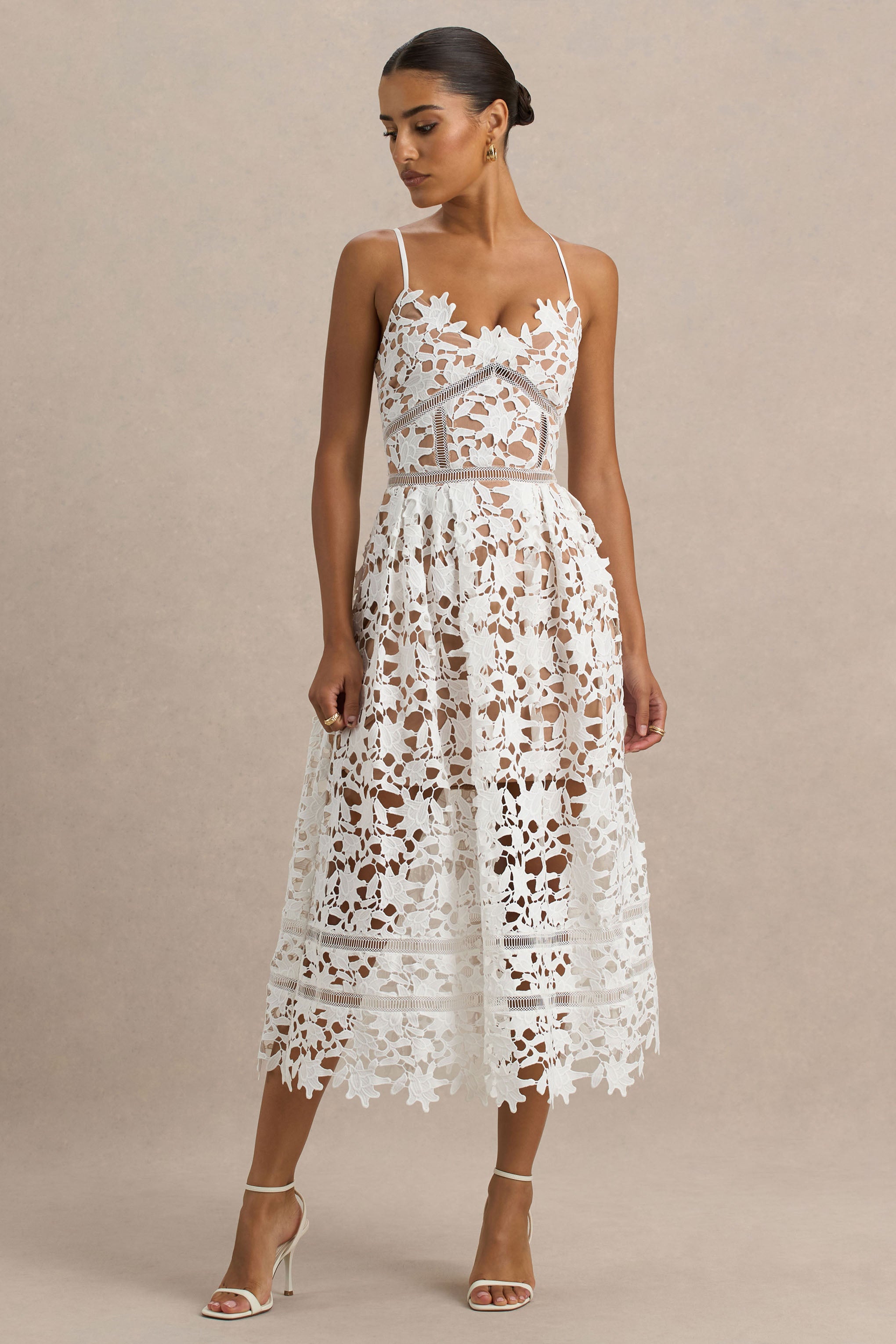 Zuri | White Lace Sweetheart Midi Dress With Cami Straps-Sowoom