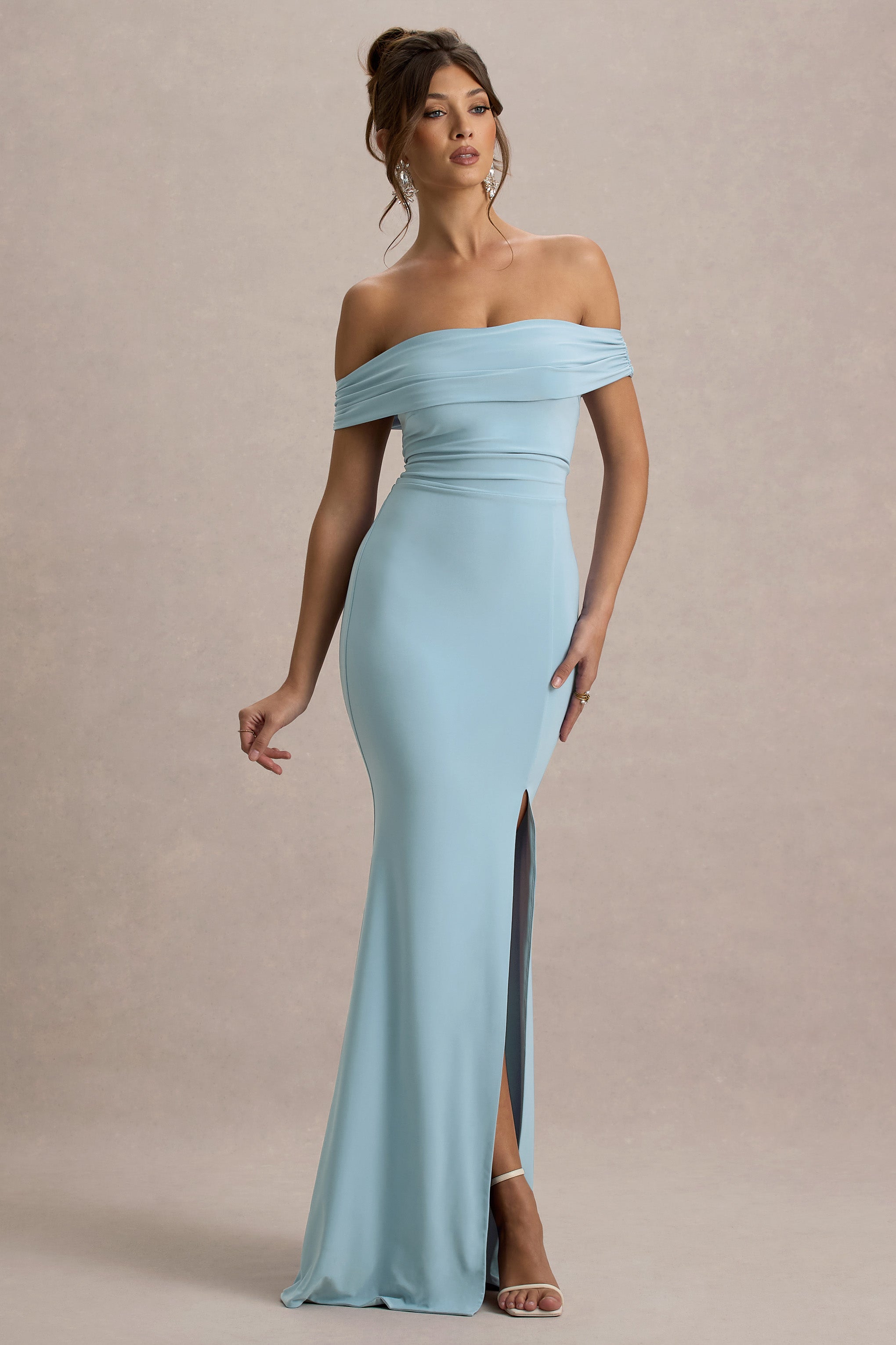 Law of Attraction | Powder Blue Bardot Draped Split Maxi Dress-Sowoom