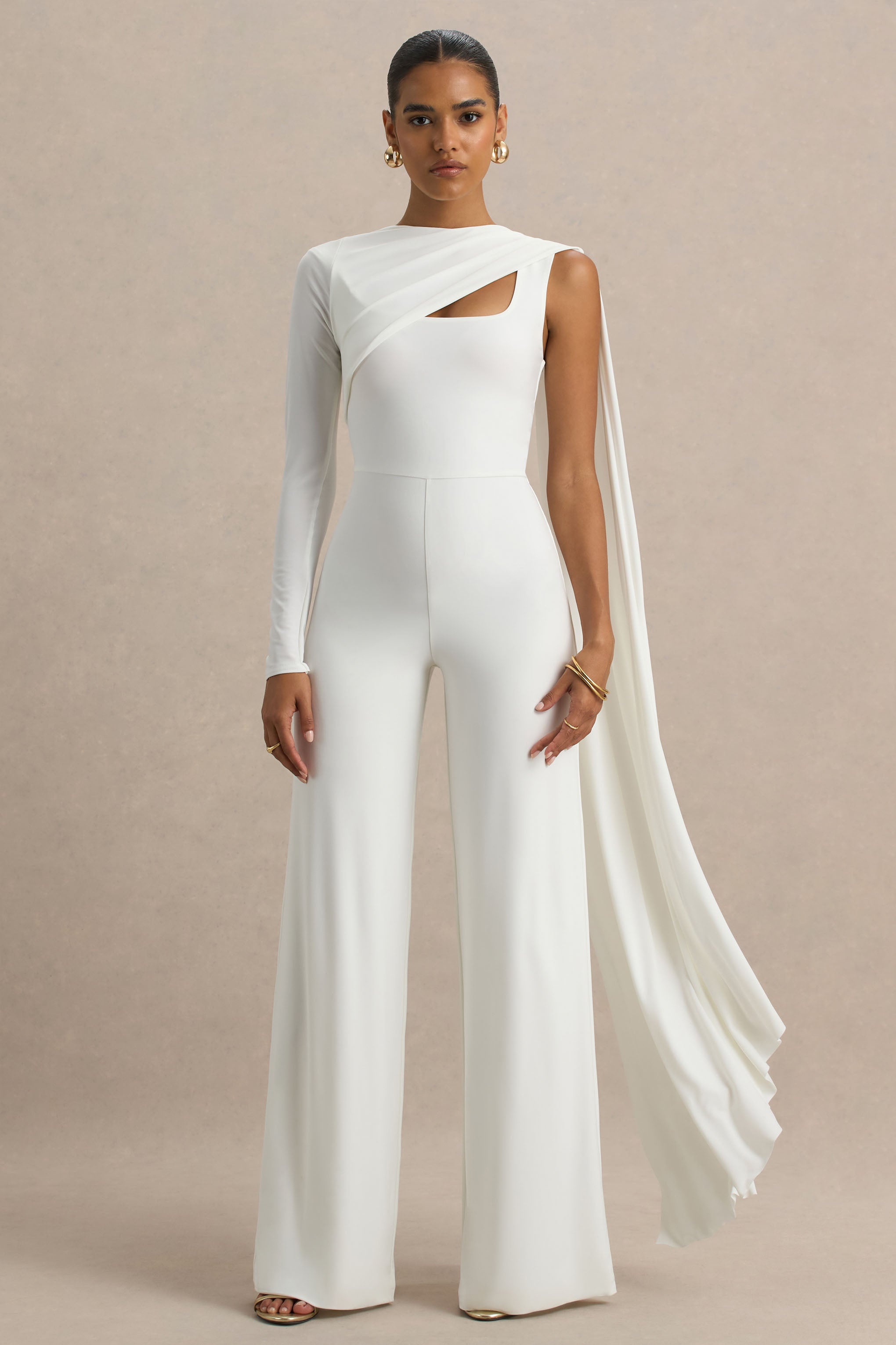 Graces | White High-Neck Jumpsuit With Cape Sleeve-Sowoom