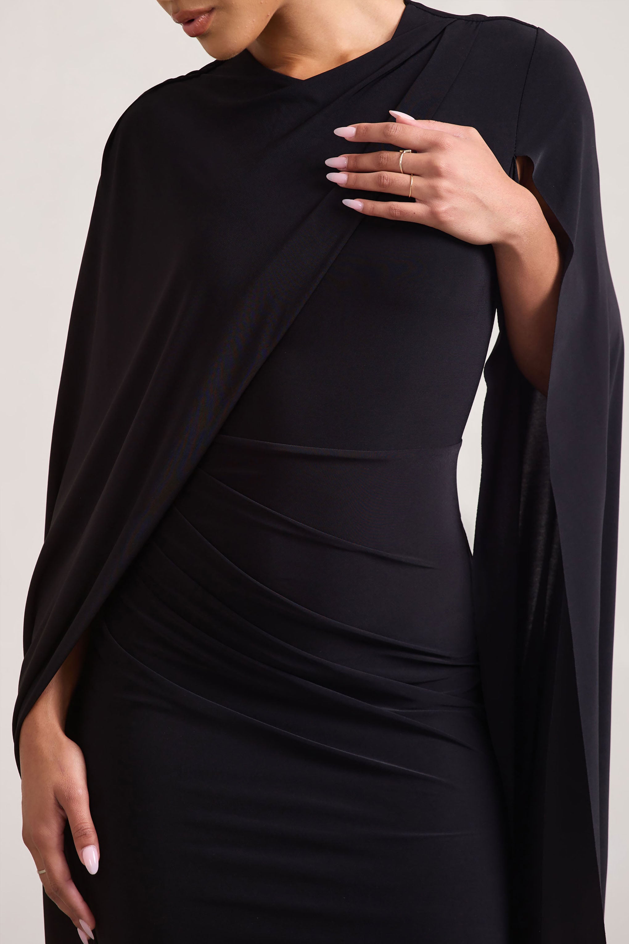 Marysol | Black Asymmetric Cape Midi Dress-Sowoom
