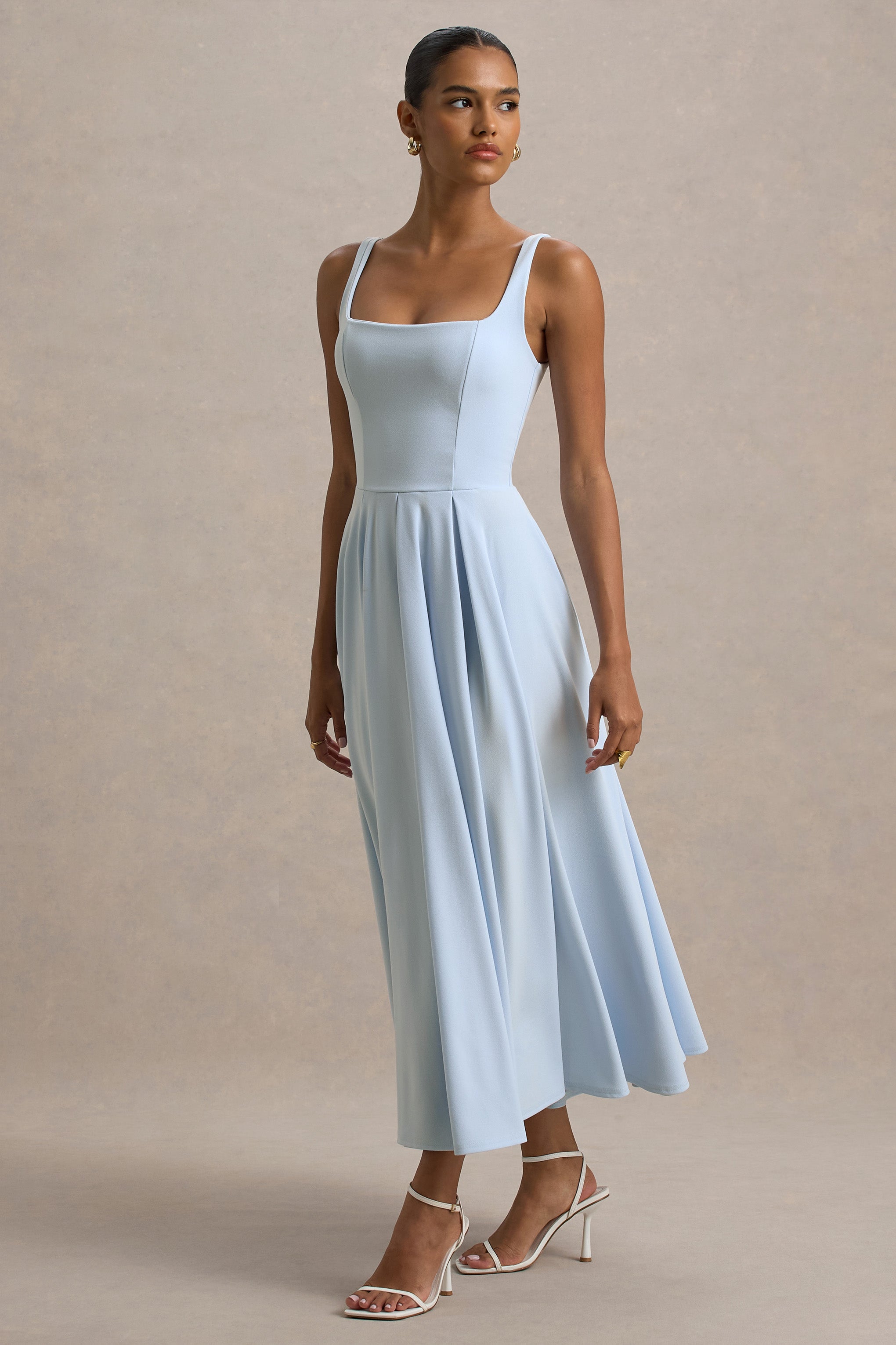 Parina | Powder Blue Strappy Volume-Hem Midi Dress-Sowoom