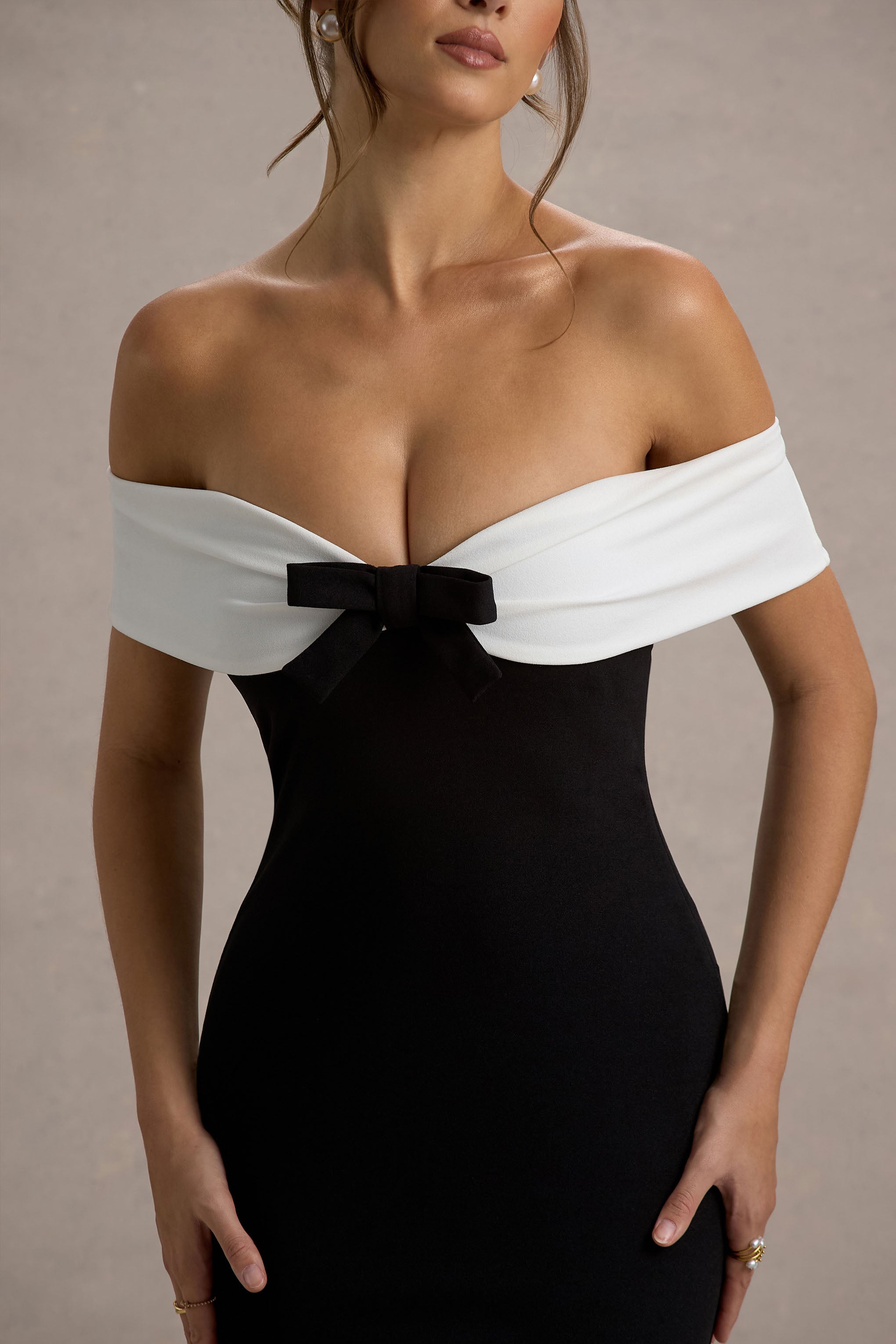 Corola | Black & White Bardot Volume-Hem Midi Dress-Sowoom