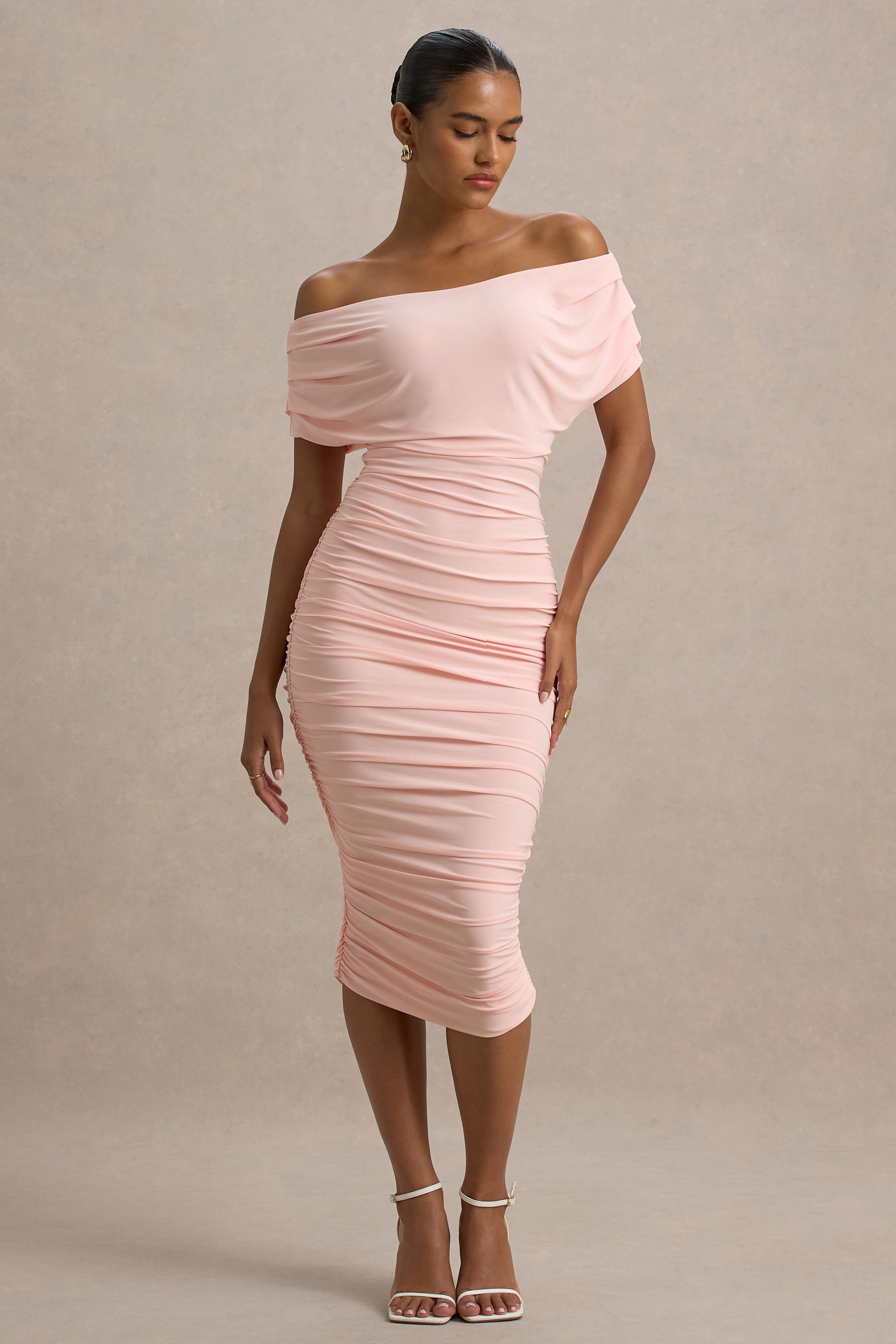 Rayleigh | Pink Bardot Ruched Midi Dress-Sowoom