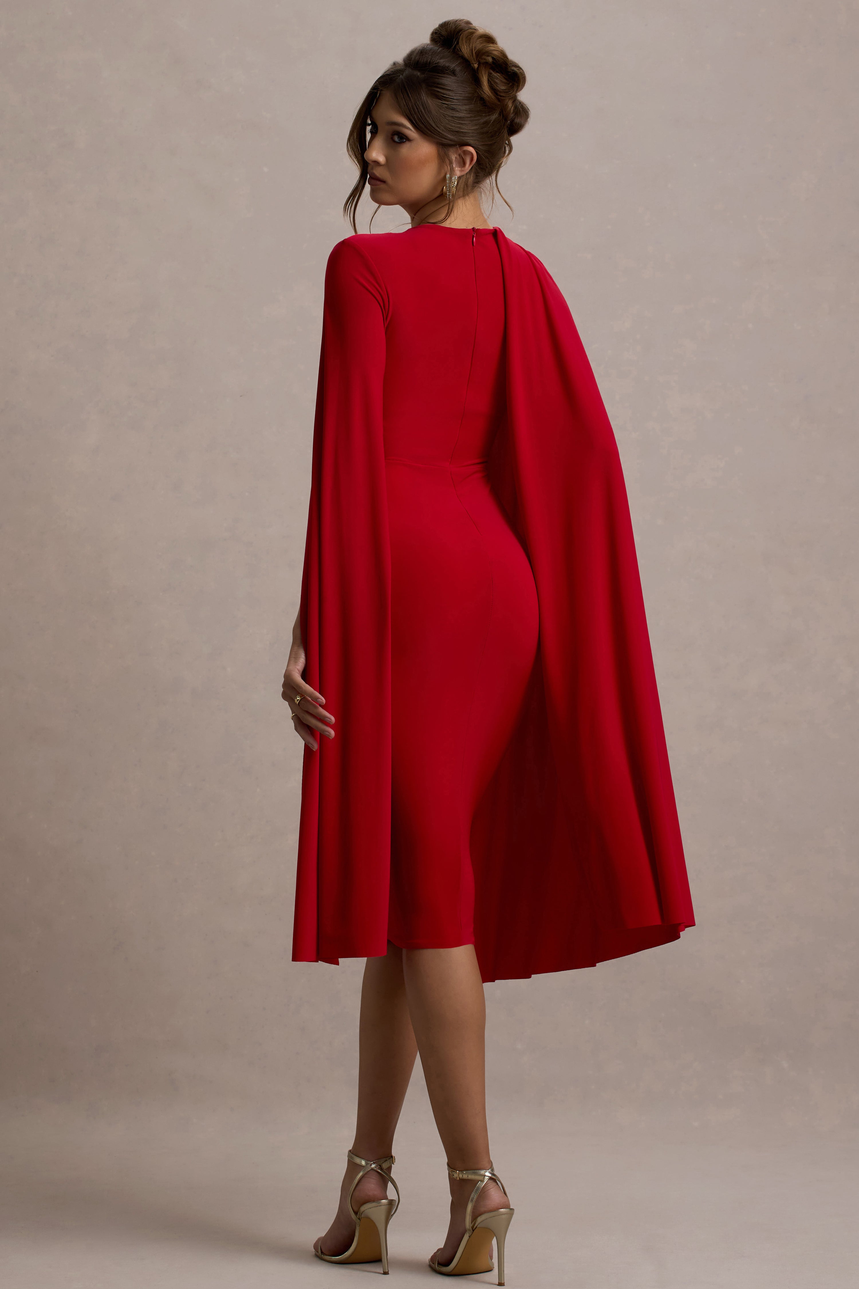 Marysol | Red Asymmetric Cape Midi Dress-Sowoom