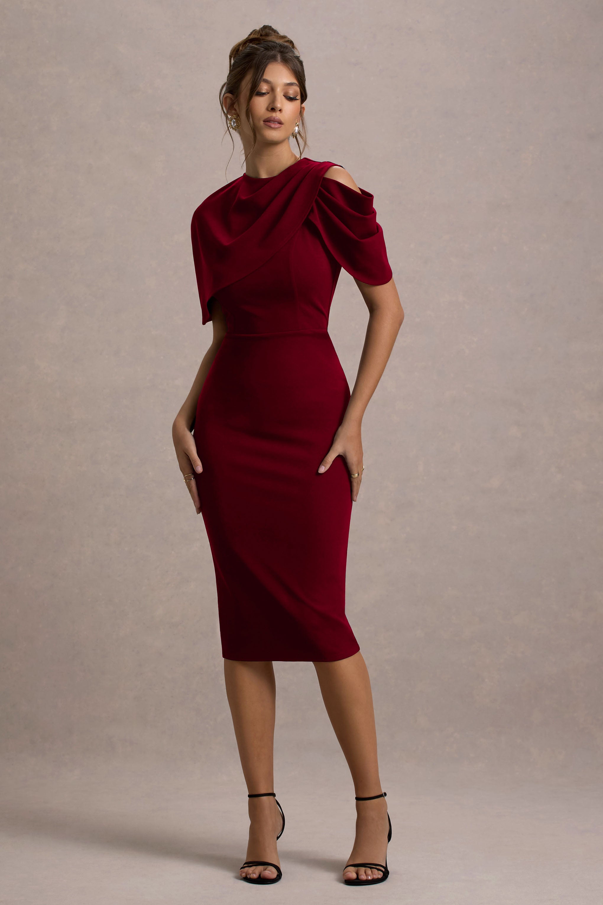 Dorothea | Berry Draped Midi Dress With Cape-Sowoom