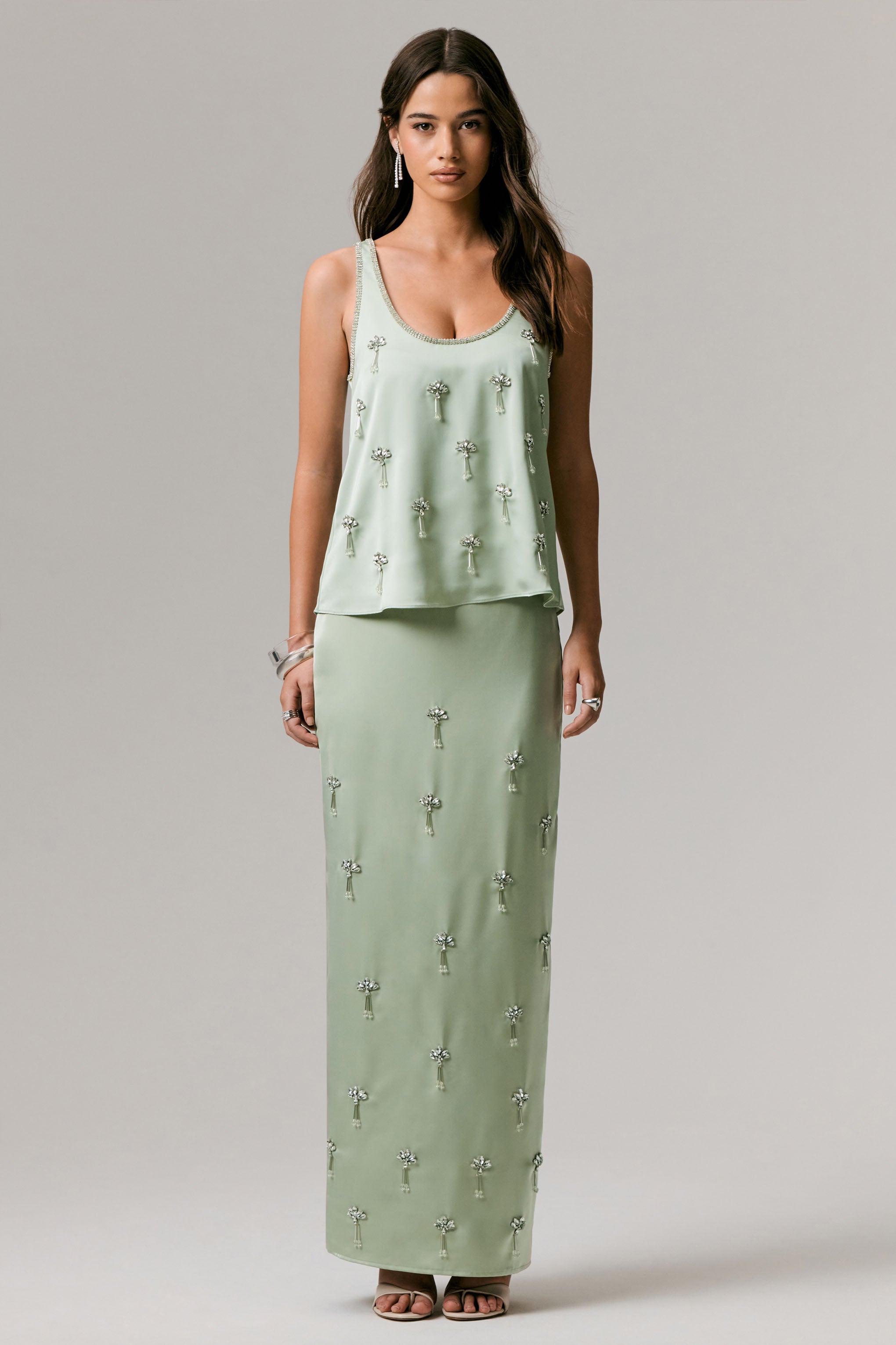 Lena | Mint Satin Embellished Maxi Skirt-Sowoom