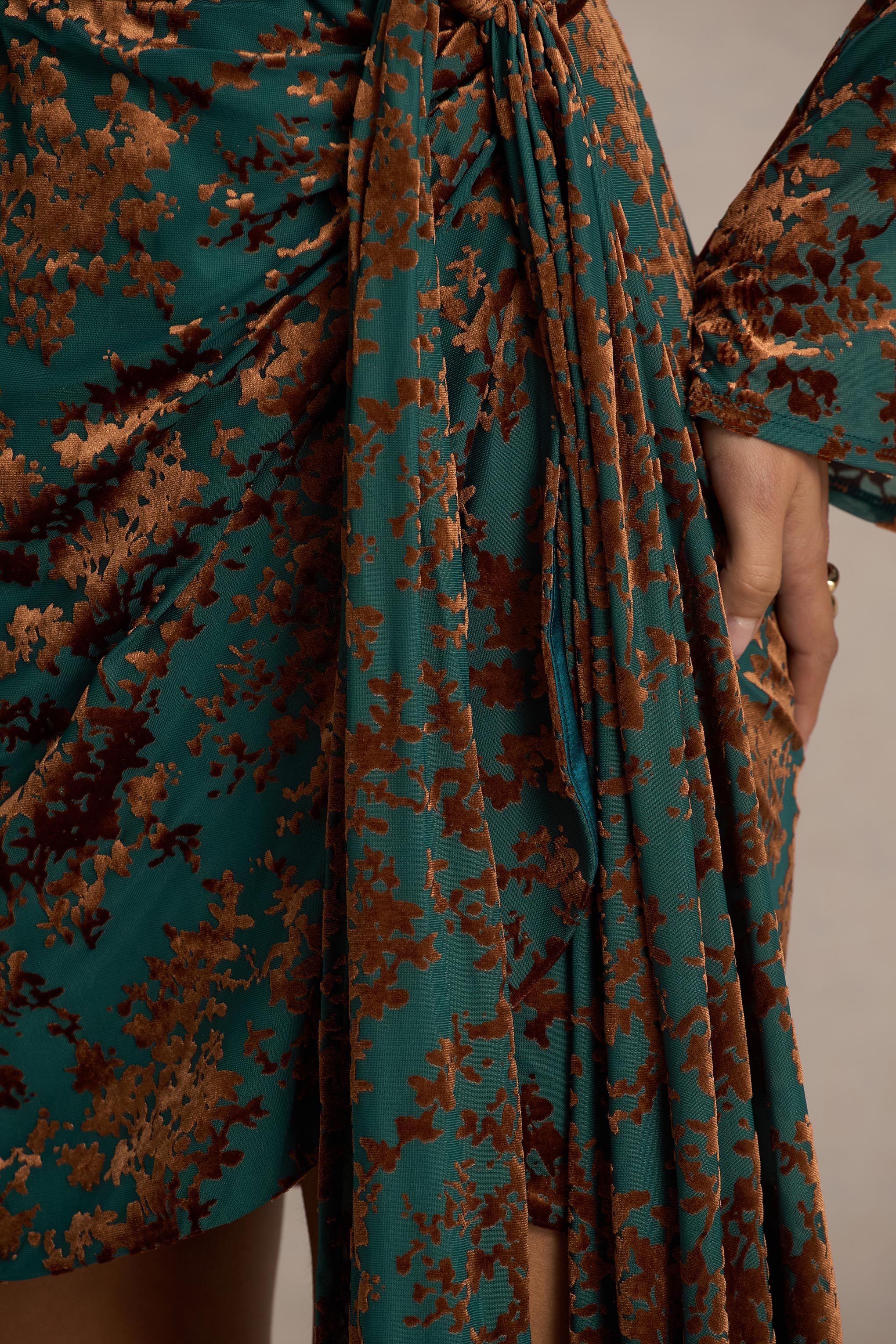 Dimitra | Dark Green And Brown Velvet Devore Plunge-Neck Wrap Mini Dress-Sowoom